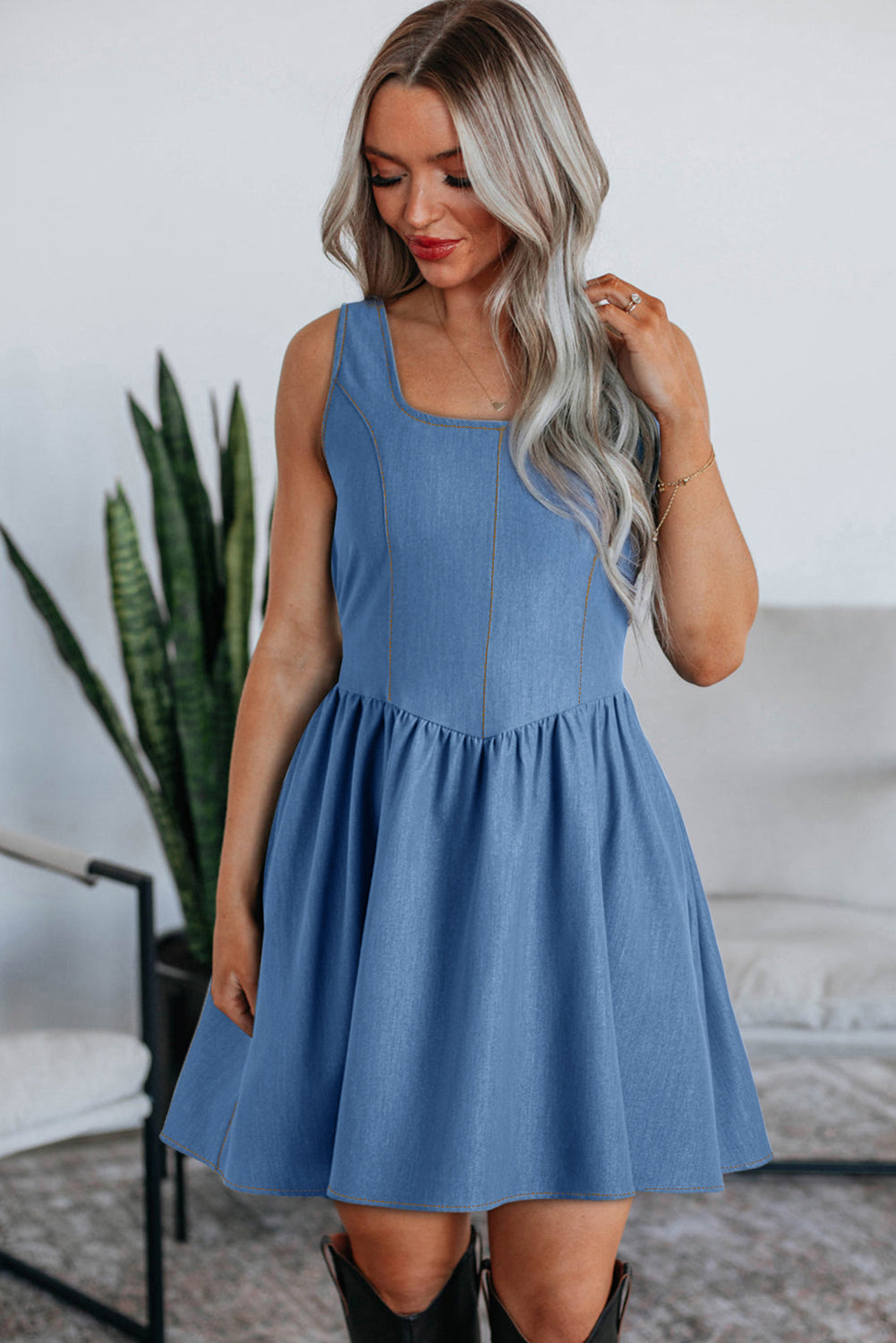 Myosotis Square Neck Pleated Waist V Cut Backless Tied Fit And Flare Dress-TOPS / DRESSES-[Adult]-[Female]-2022 Online Blue Zone Planet