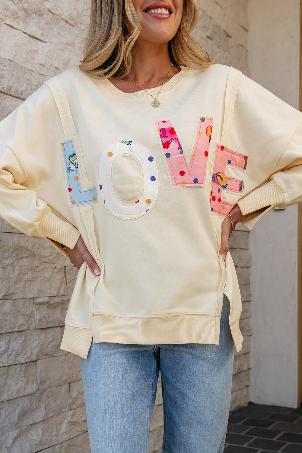 Blue Zone Planet | Apricot LOVE PATCH Graphic Oversized Sweatshirt-Tops/Sweatshirts & Hoodies-[Adult]-[Female]-2022 Online Blue Zone Planet