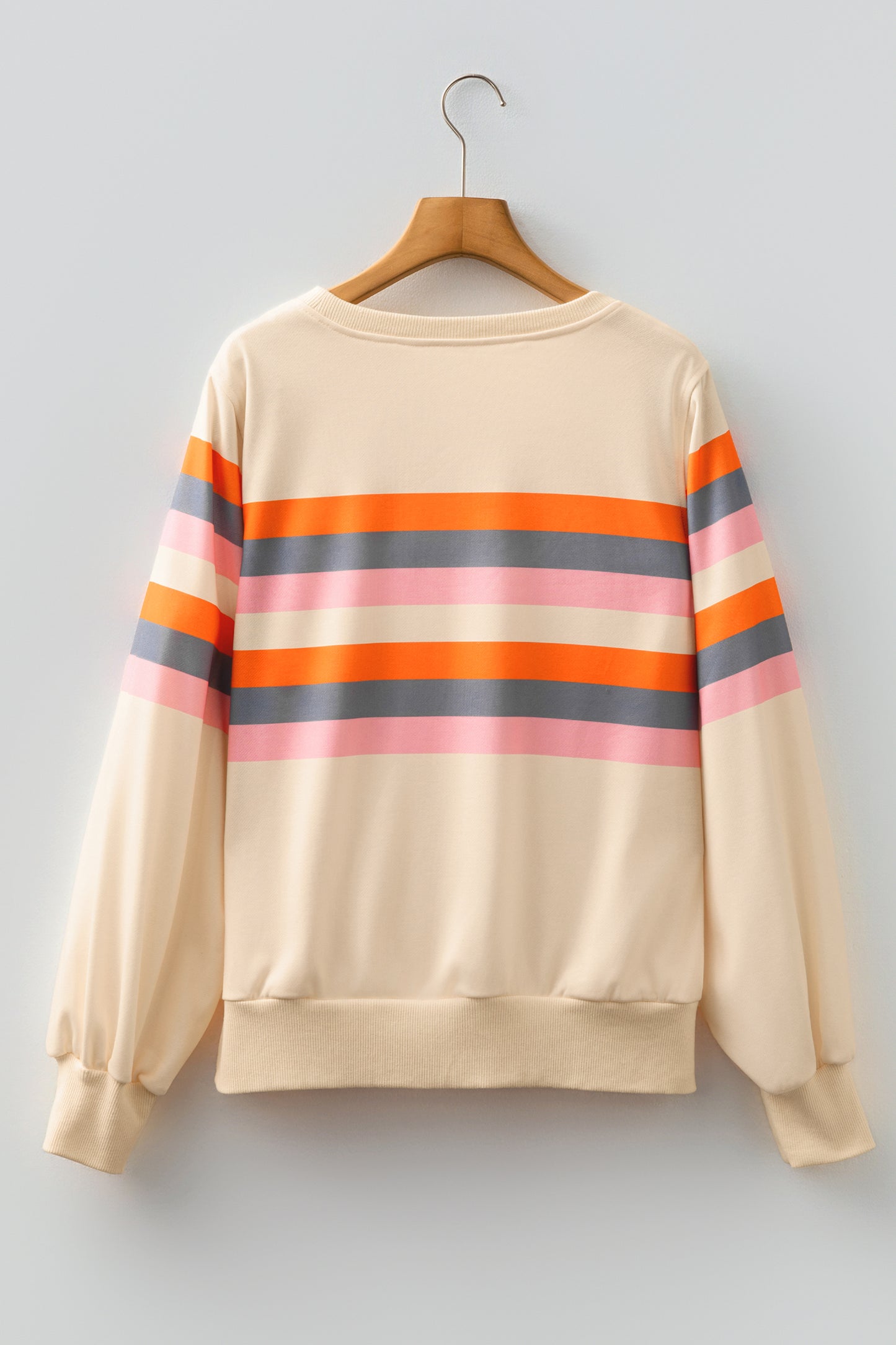 Beige Stripe Puff Sleeve Casual Pullover Sweatshirt-Tops/Sweatshirts & Hoodies-[Adult]-[Female]-2022 Online Blue Zone Planet