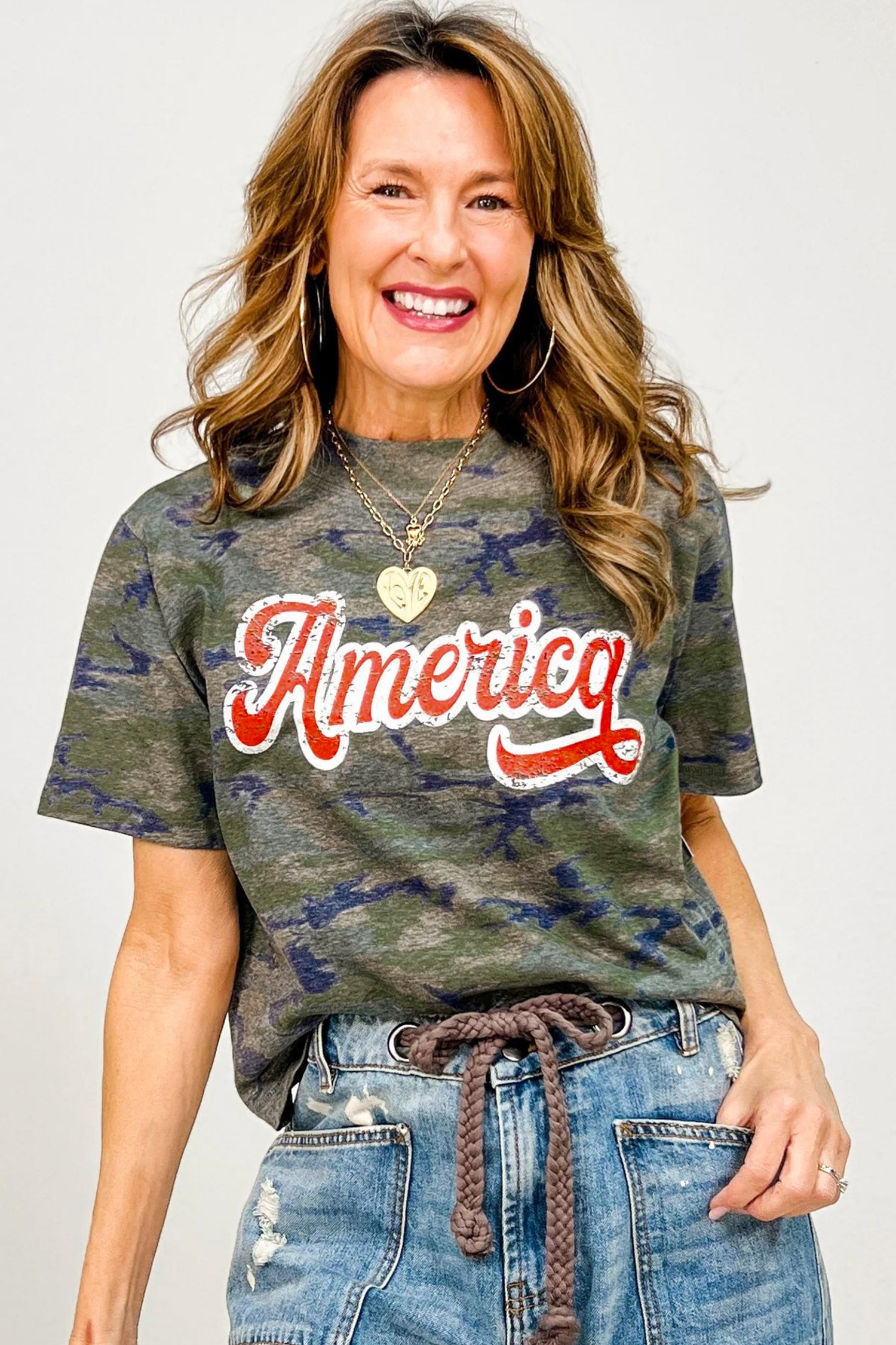 Multicolour Stylish Camouflage Print America Patriotic Tee-Tops/Tops & Tees-[Adult]-[Female]-2022 Online Blue Zone Planet