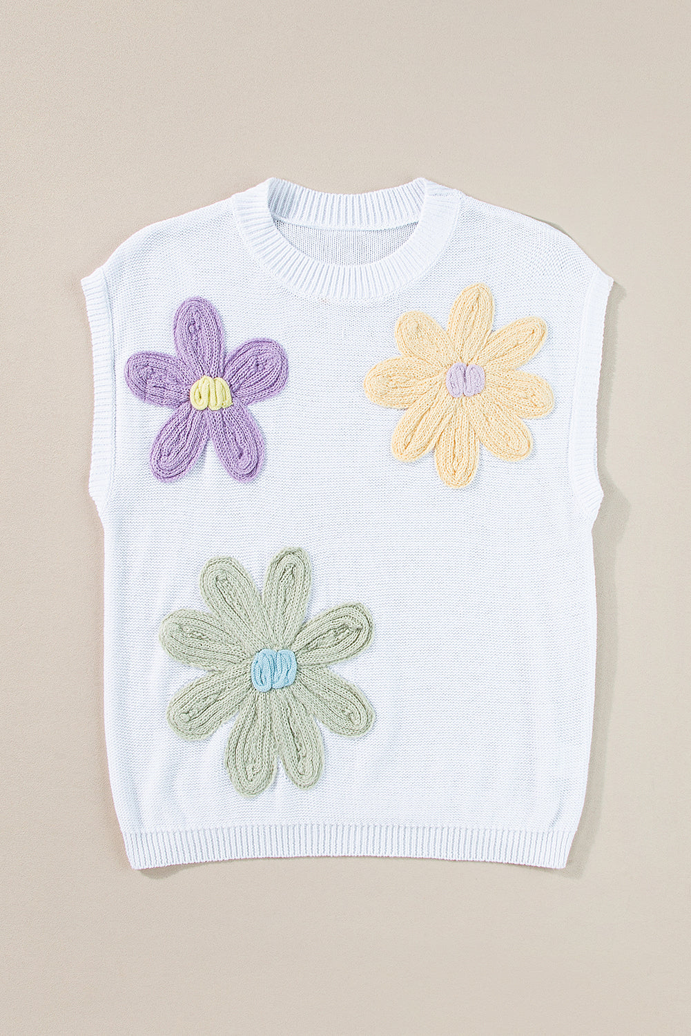 White Flower Patch Knit Round Neck Tee-T Shirts-[Adult]-[Female]-2022 Online Blue Zone Planet