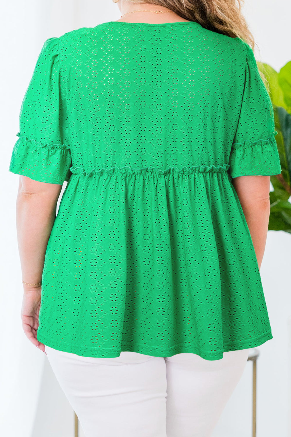 Green Textured Frilled Short Sleeve Plus Size Babydoll Blouse-Plus Size/Plus Size Tops/Plus Size Blouses & Shirts-[Adult]-[Female]-2022 Online Blue Zone Planet