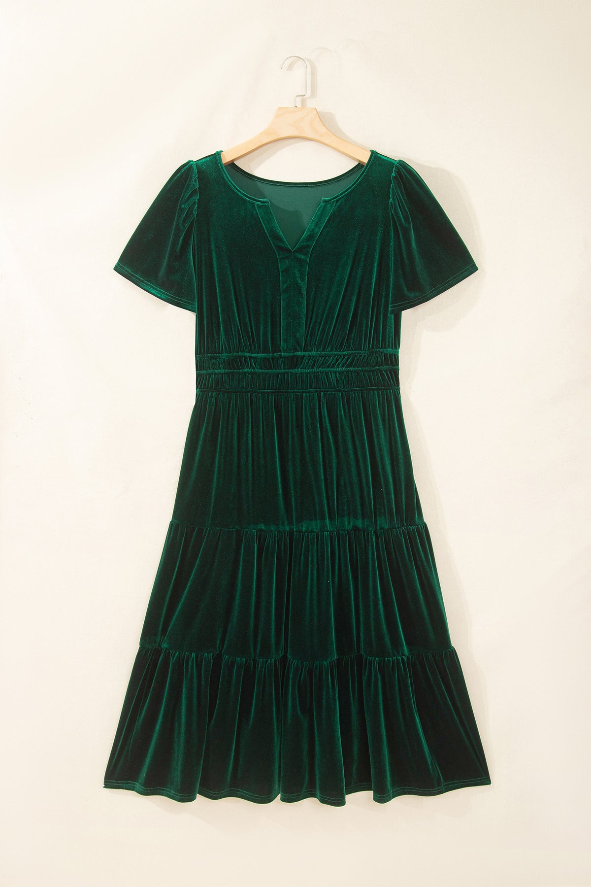 Blackish Green Velvet Short Sleeve Shirred Waist Tiered Plus Size Maxi Dress