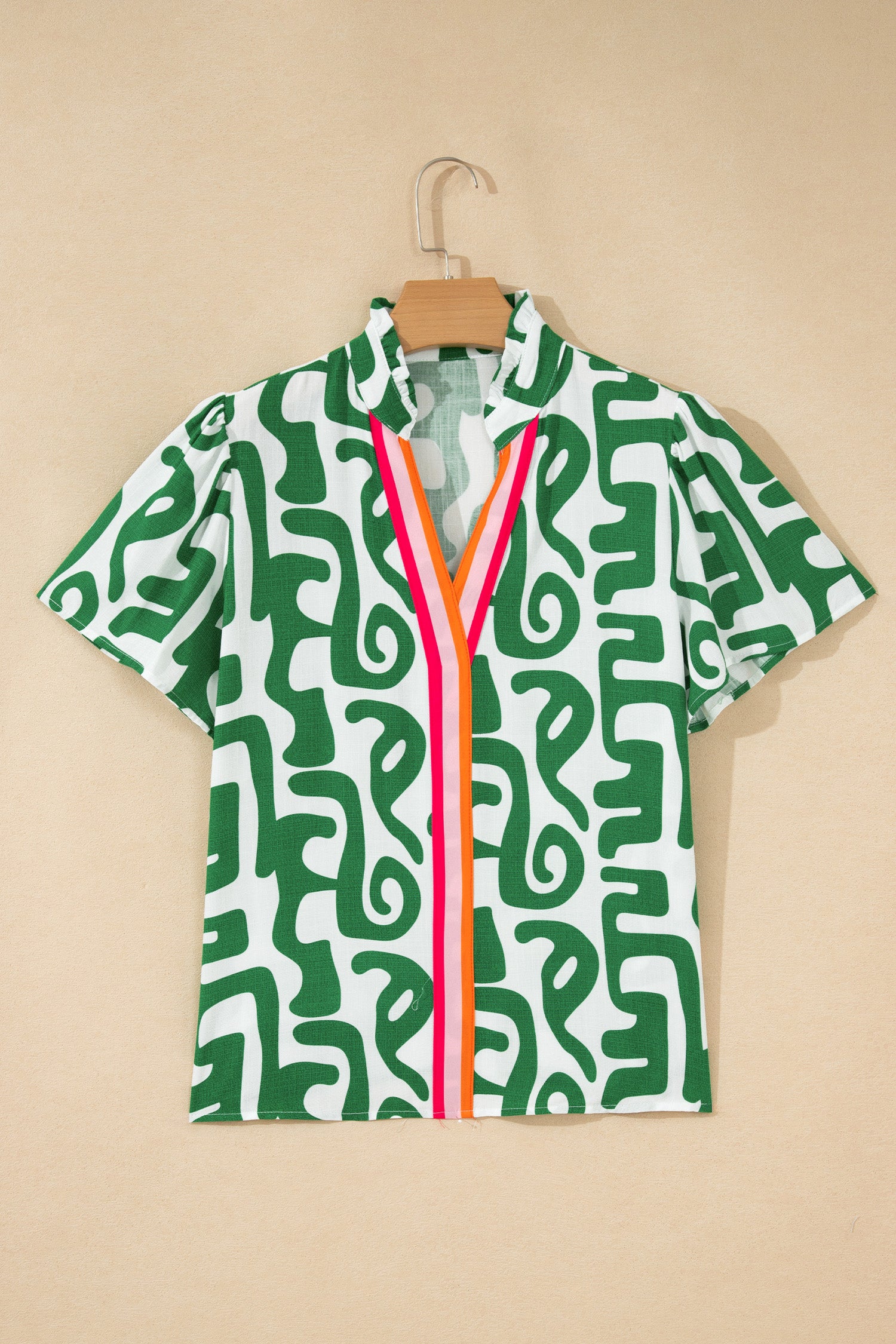Green Abstract Print Striped Trim V Neck Short Sleeve Blouse-Tops/Blouses & Shirts-[Adult]-[Female]-2022 Online Blue Zone Planet