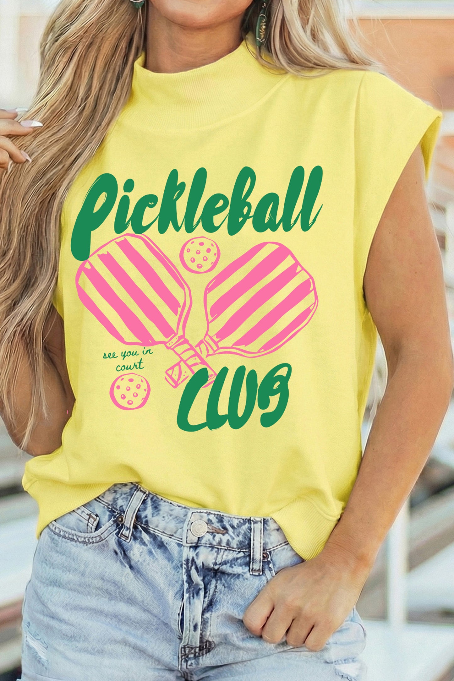 Yellow Pickleball Club Game Day Graphic Mock Neck Top-Graphic/Graphic Tees-[Adult]-[Female]-Yellow-S-2022 Online Blue Zone Planet