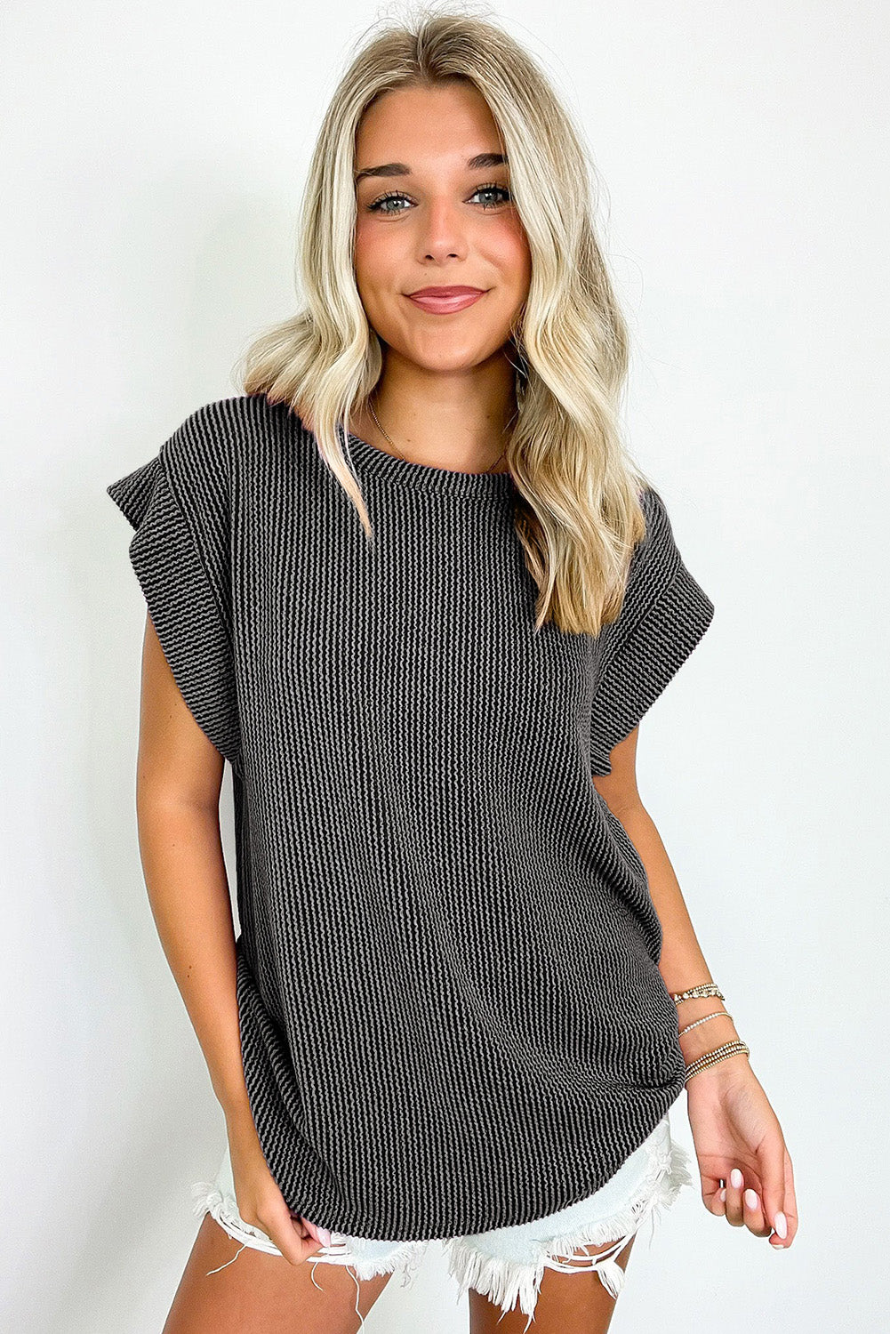 Carbon Grey Twisted Rib Wide Sleeve Crew Neck T Shirt-Tops/Tops & Tees-[Adult]-[Female]-2022 Online Blue Zone Planet