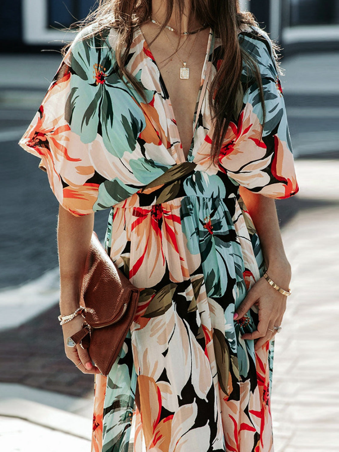 Floral Plunge Half Sleeve Dress BLUE ZONE PLANET