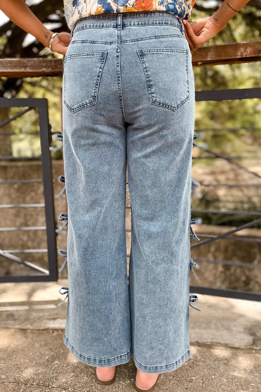 Beau Blue Bow Knot Side Detail Straight Leg Loose Jeans-Bottoms/Jeans-[Adult]-[Female]-2022 Online Blue Zone Planet