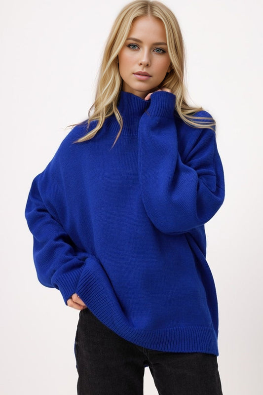 Basic Bae Side Slit Turtleneck Long Sleeve Sweater-TOPS / DRESSES-[Adult]-[Female]-Royal Blue-One Size-2022 Online Blue Zone Planet