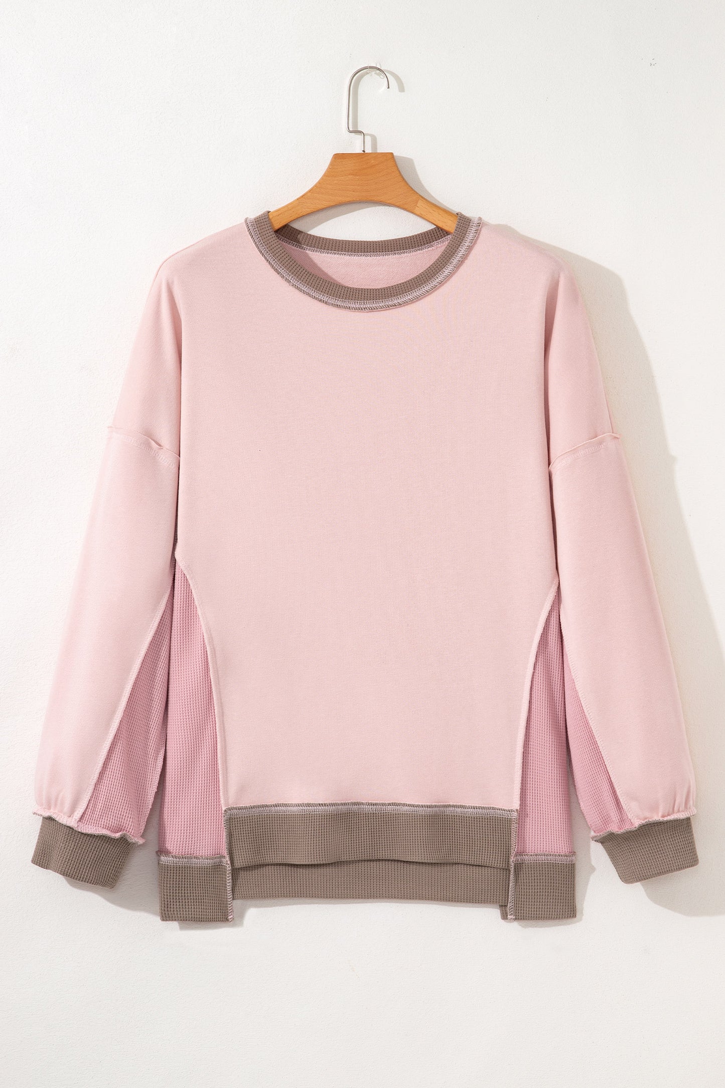 Light Pink Plus Color Block Waffle Patchwork Exposed Seam Baggy Sweatshirt-Plus Size/Plus Size Sweatshirts & Hoodies-[Adult]-[Female]-2022 Online Blue Zone Planet