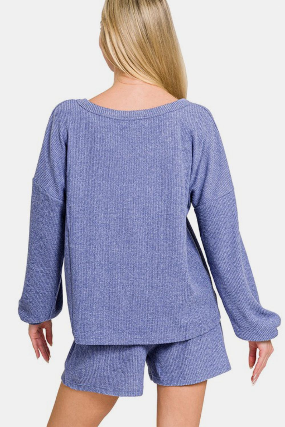 Blue Zone Planet | Zenana V-Neck Long Sleeve Ribbed Top and Shorts Set-TOPS / DRESSES-[Adult]-[Female]-2022 Online Blue Zone Planet