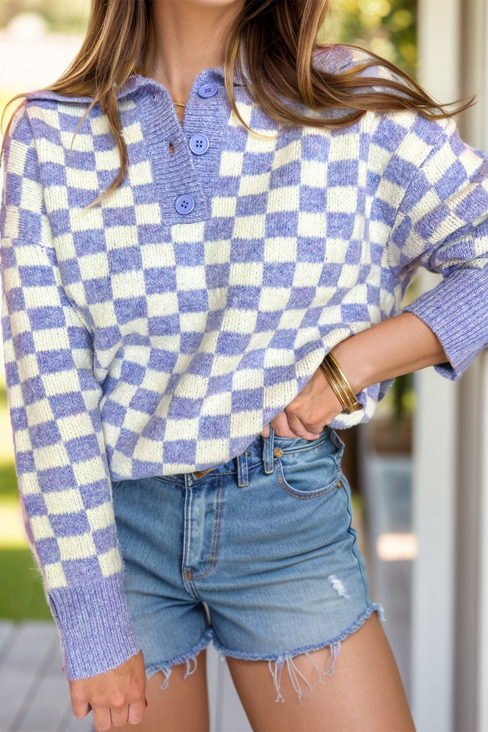 Plus Size Checkered Collared Neck Long Sleeve Sweater-TOPS / DRESSES-[Adult]-[Female]-Lavender-1XL-2022 Online Blue Zone Planet