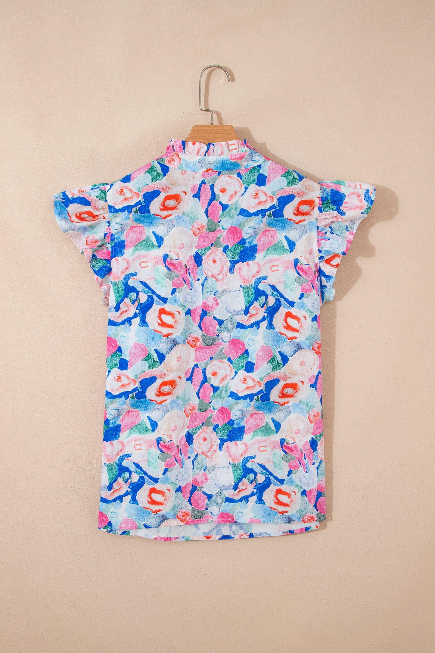 Pink Floral Print Tie V Neck Contrast Detail Ruffle Short Sleeve Blouse-Tops/Blouses & Shirts-[Adult]-[Female]-2022 Online Blue Zone Planet