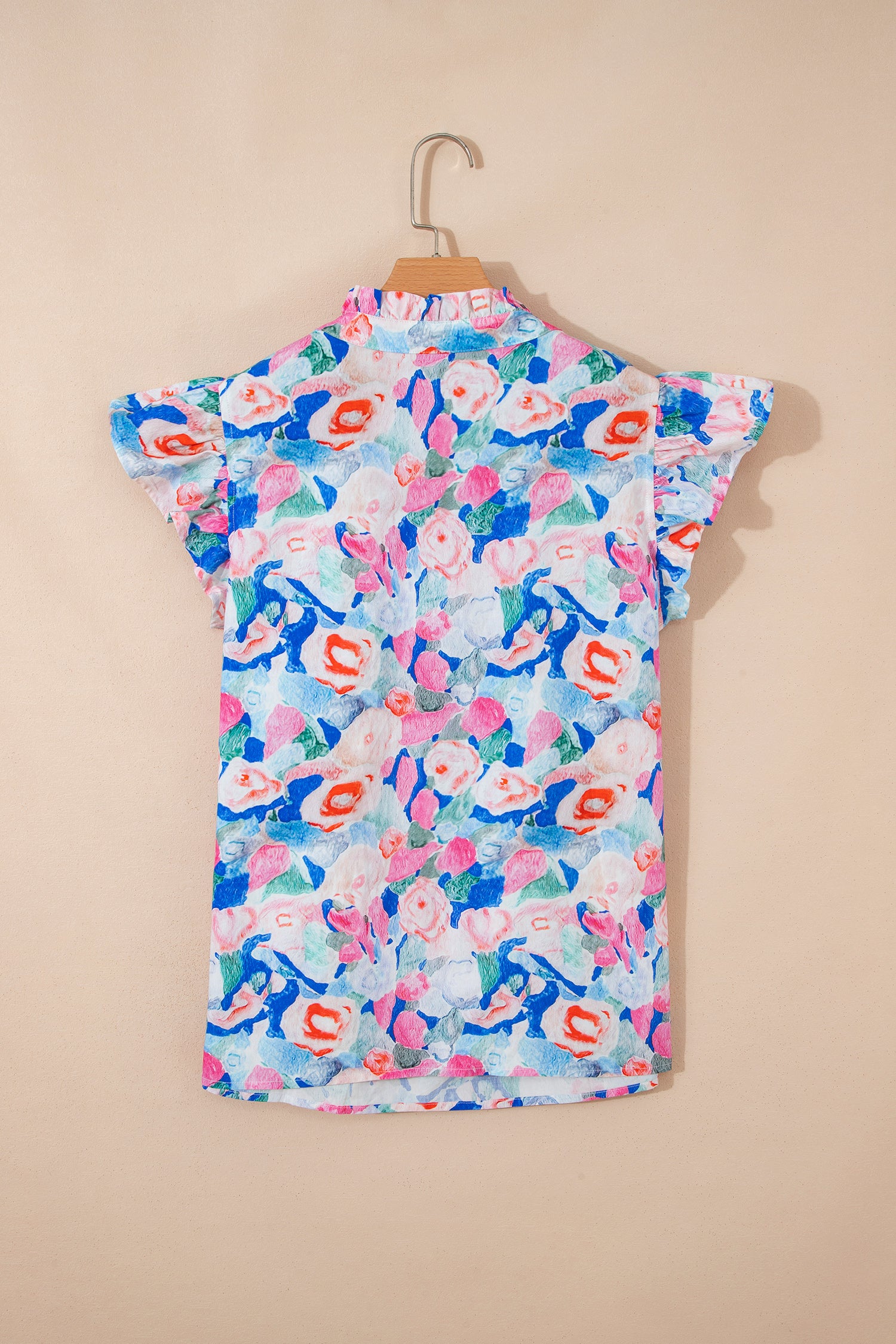 Pink Floral Print Tie V Neck Contrast Detail Ruffle Short Sleeve Blouse-Tops/Blouses & Shirts-[Adult]-[Female]-2022 Online Blue Zone Planet
