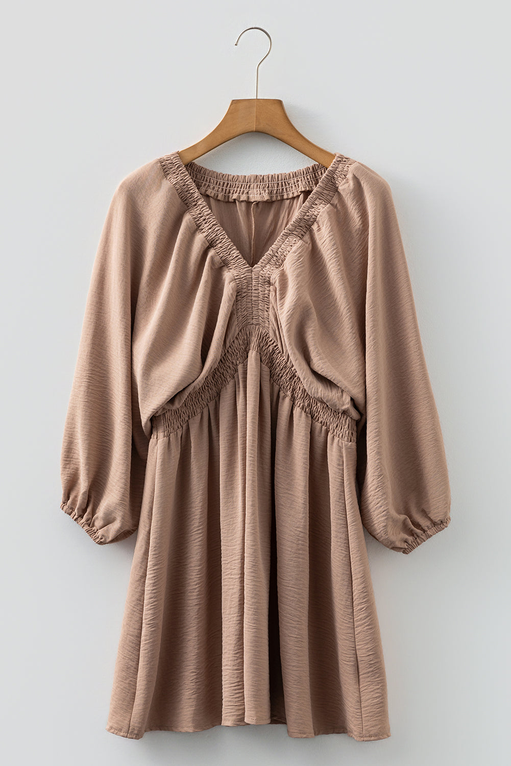 Smoke Gray Deep V Neck Bubble Sleeve Smocked Mini Dress-TOPS / DRESSES-[Adult]-[Female]-2022 Online Blue Zone Planet