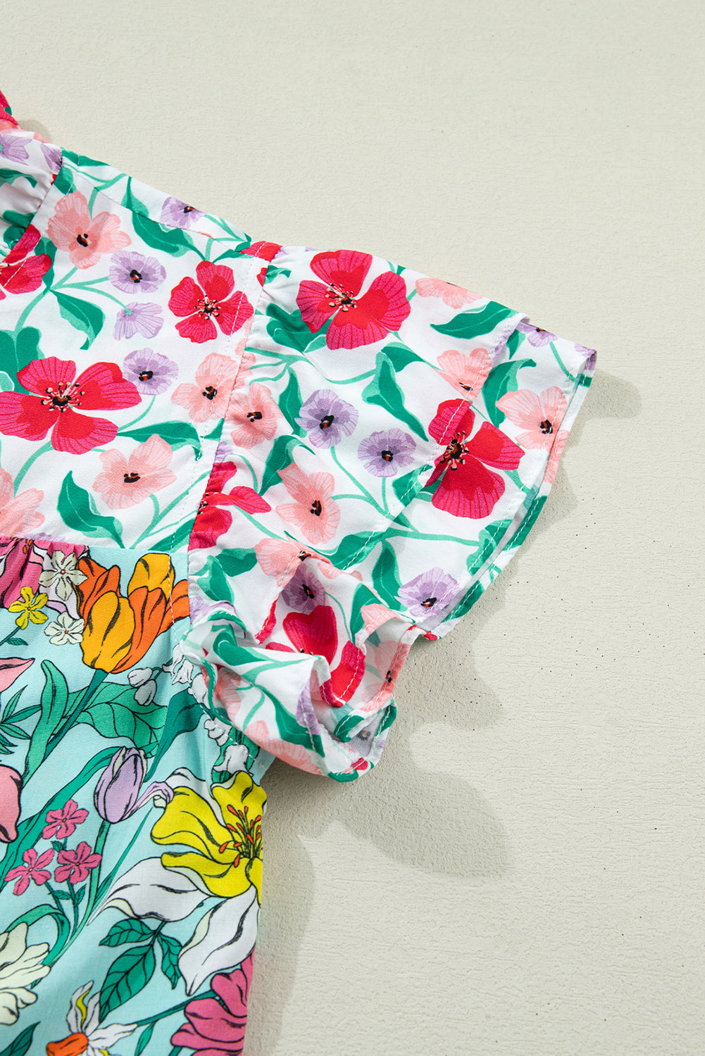 Sky Blue Floral Print Split Neck Button Front Flutter Sleeve Blouse-Tops/Blouses & Shirts-[Adult]-[Female]-2022 Online Blue Zone Planet