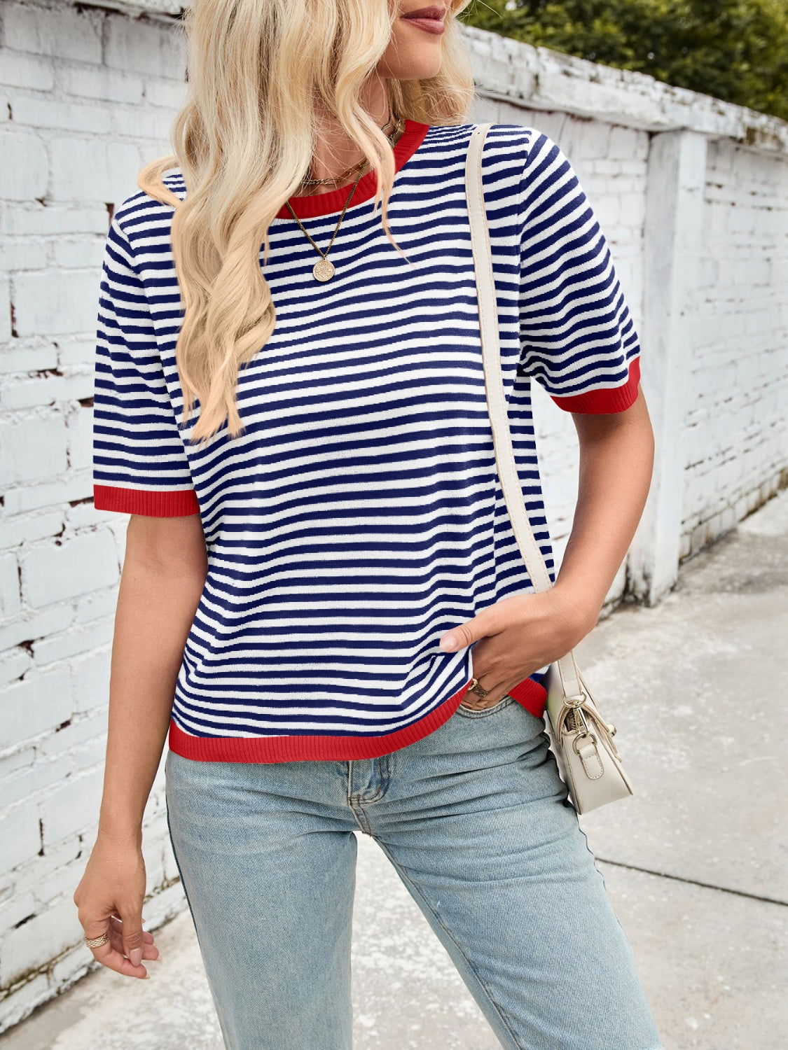 Lovelet Striped Contrast Round Neck Half Sleeve Knit Top-TOPS / DRESSES-[Adult]-[Female]-2022 Online Blue Zone Planet