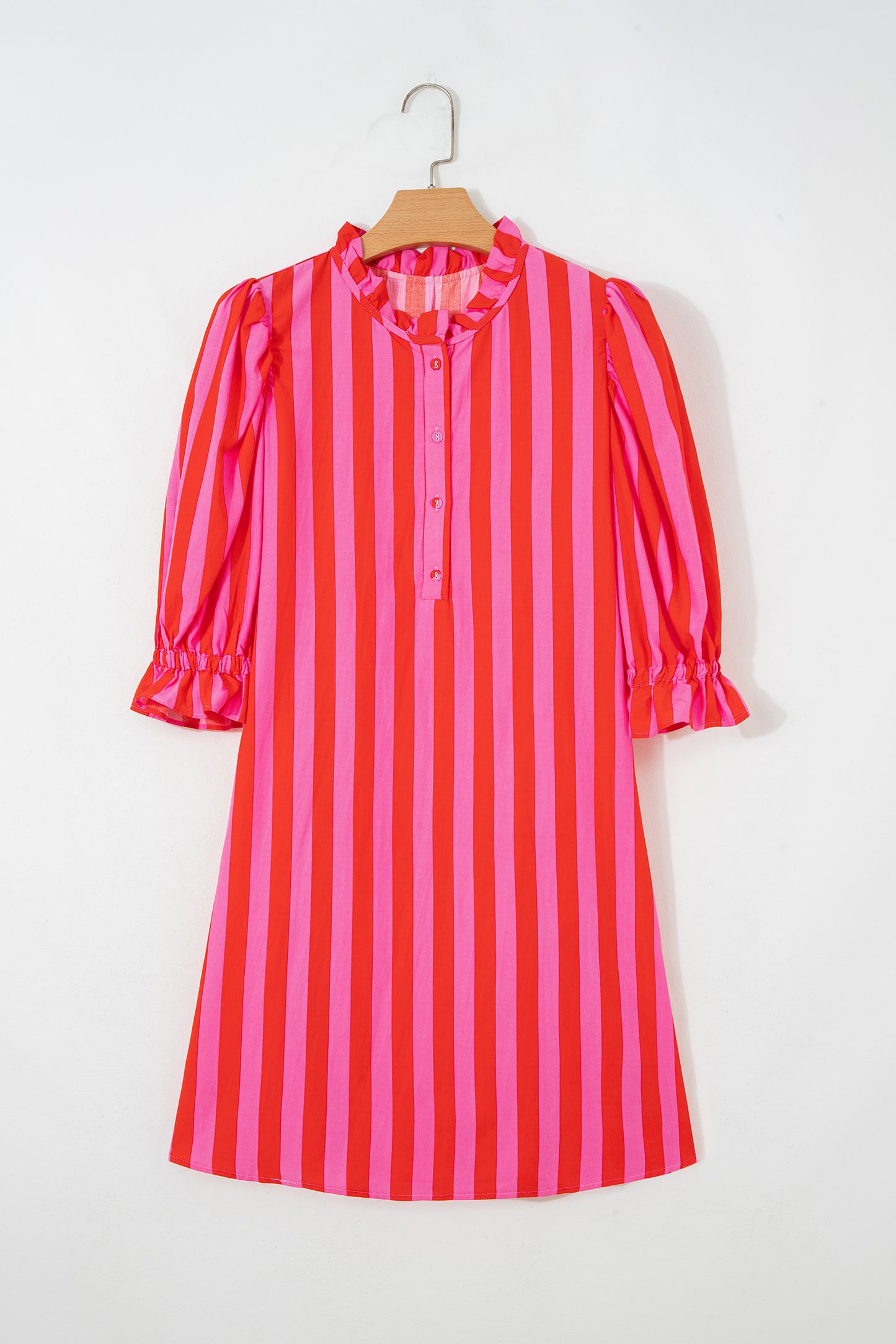 Red Stripe Half Button Puff Sleeve Loose Mini Dress-TOPS / DRESSES-[Adult]-[Female]-2022 Online Blue Zone Planet