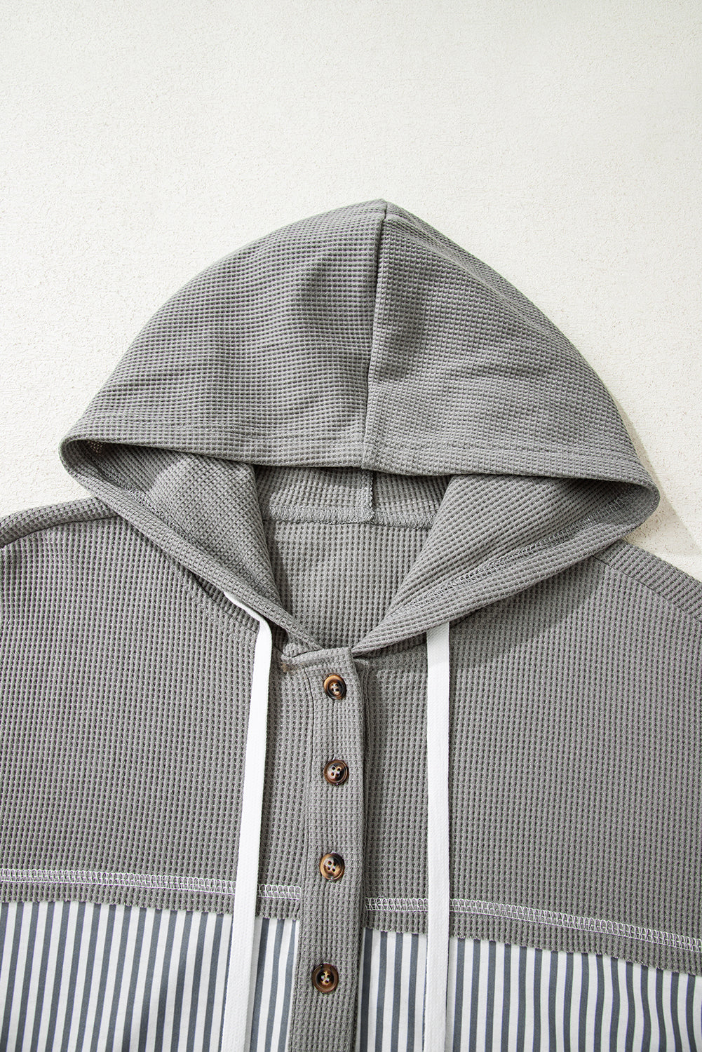 Gray Waffle Printed Patchwork Drawstring Hooded Long Sleeve Top-Tops / Dresses-[Adult]-[Female]-2022 Online Blue Zone Planet