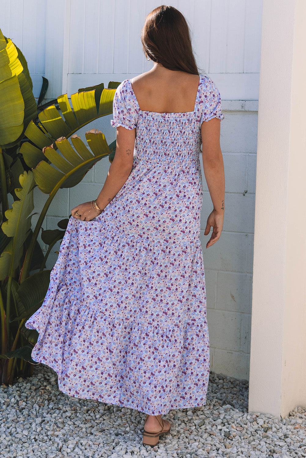 Purple Floral Short Bubble Sleeve Shirred High Waist Maxi Dress Purple / L / 100%Polyester