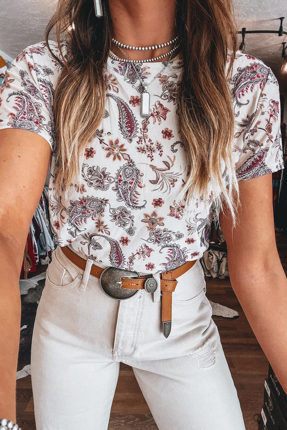 White Vintage Paisley Mock Neck T Shirt-Tops/Tops & Tees-[Adult]-[Female]-White-S-2022 Online Blue Zone Planet