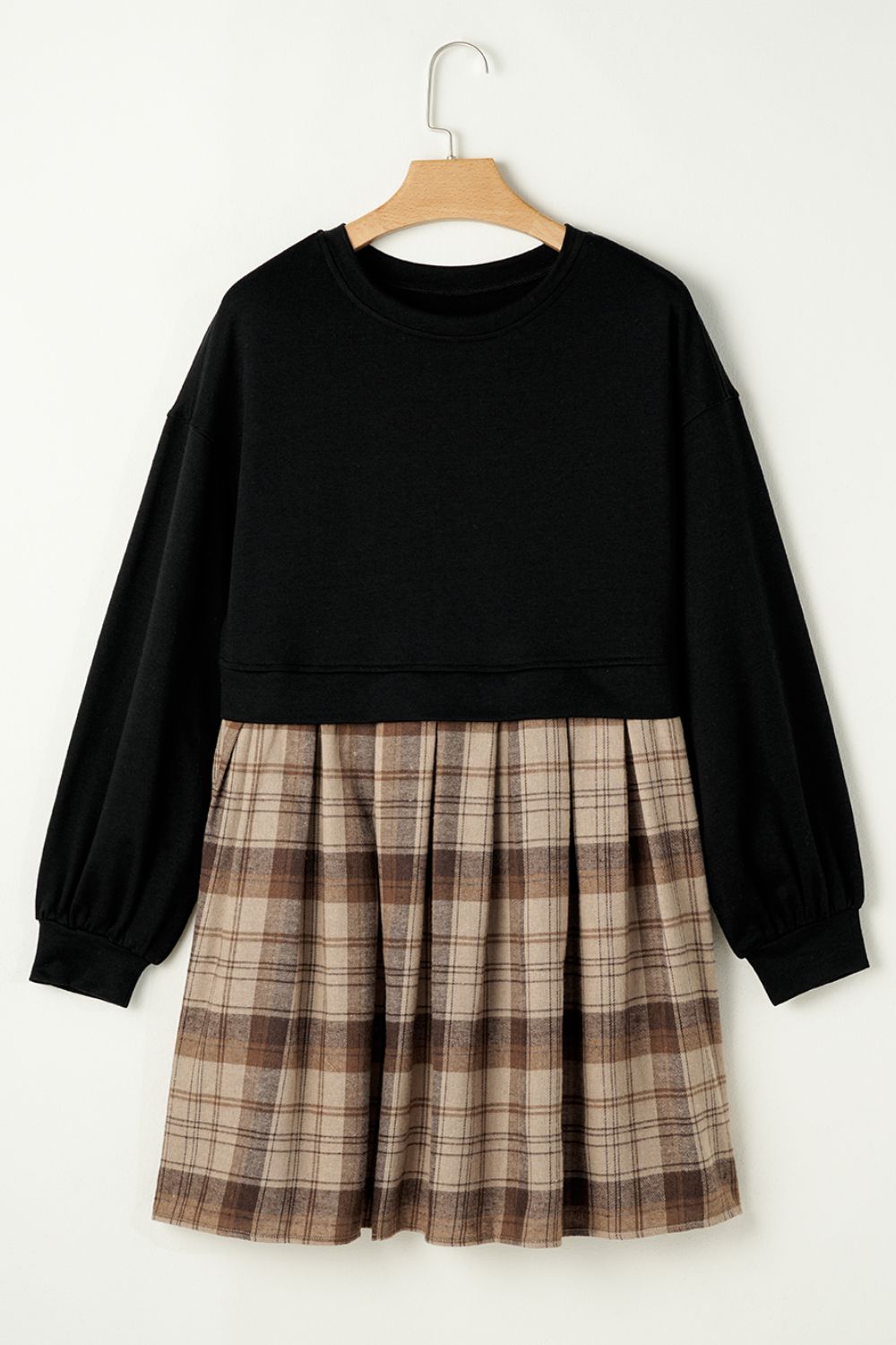 Plaid Round Neck Long Sleeve Mini Dress - Blue Zone Planet Beige / XL by Blue Zone Planet Plaid Round Neck Long Sleeve Mini Dress - Blue Zone Planet Beige / XL by Blue Zone Planet