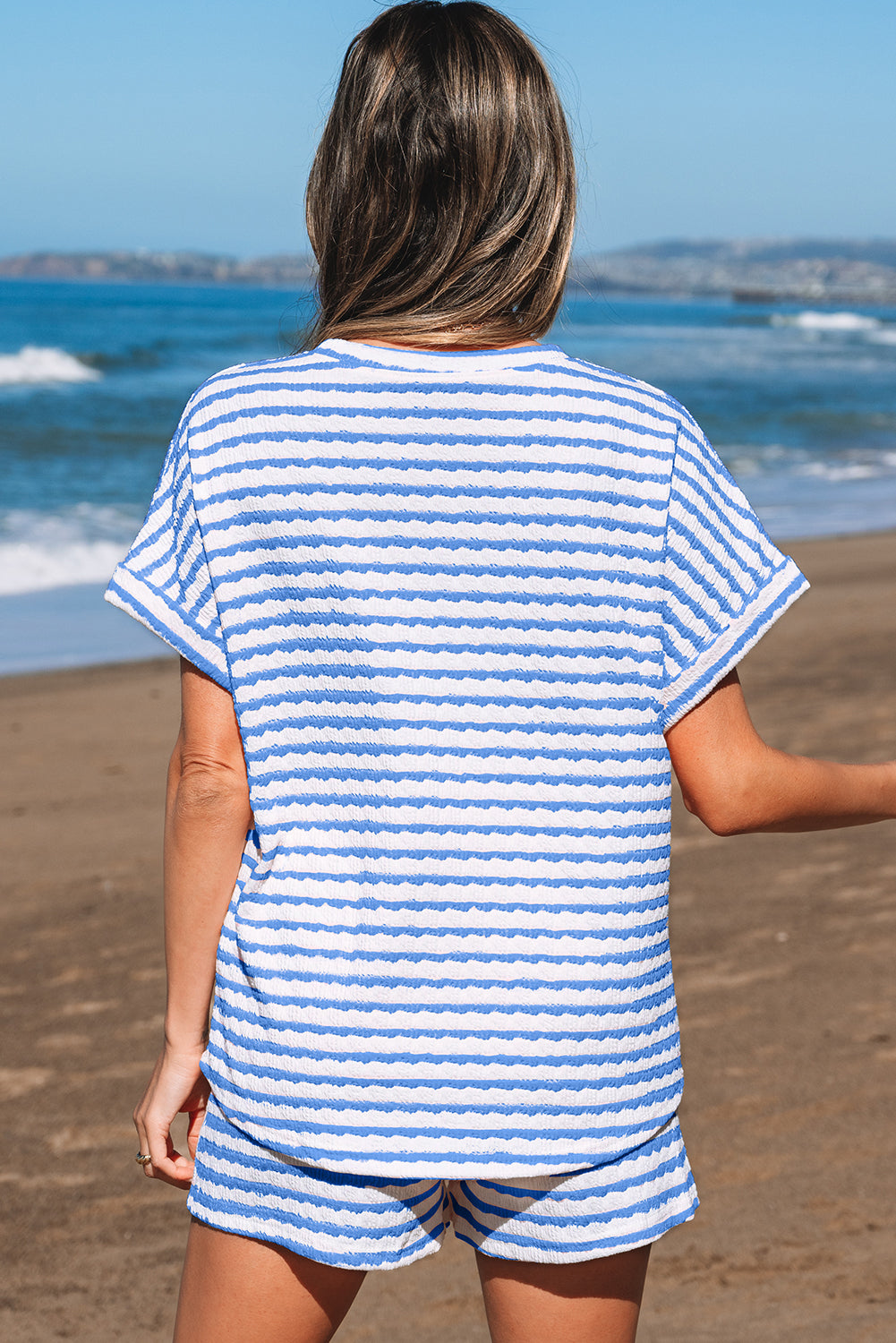 Sky Blue Stripe Knitted Short Sleeve Top and Drawstring Shorts Set-Two Piece Sets/Short Sets-[Adult]-[Female]-2022 Online Blue Zone Planet
