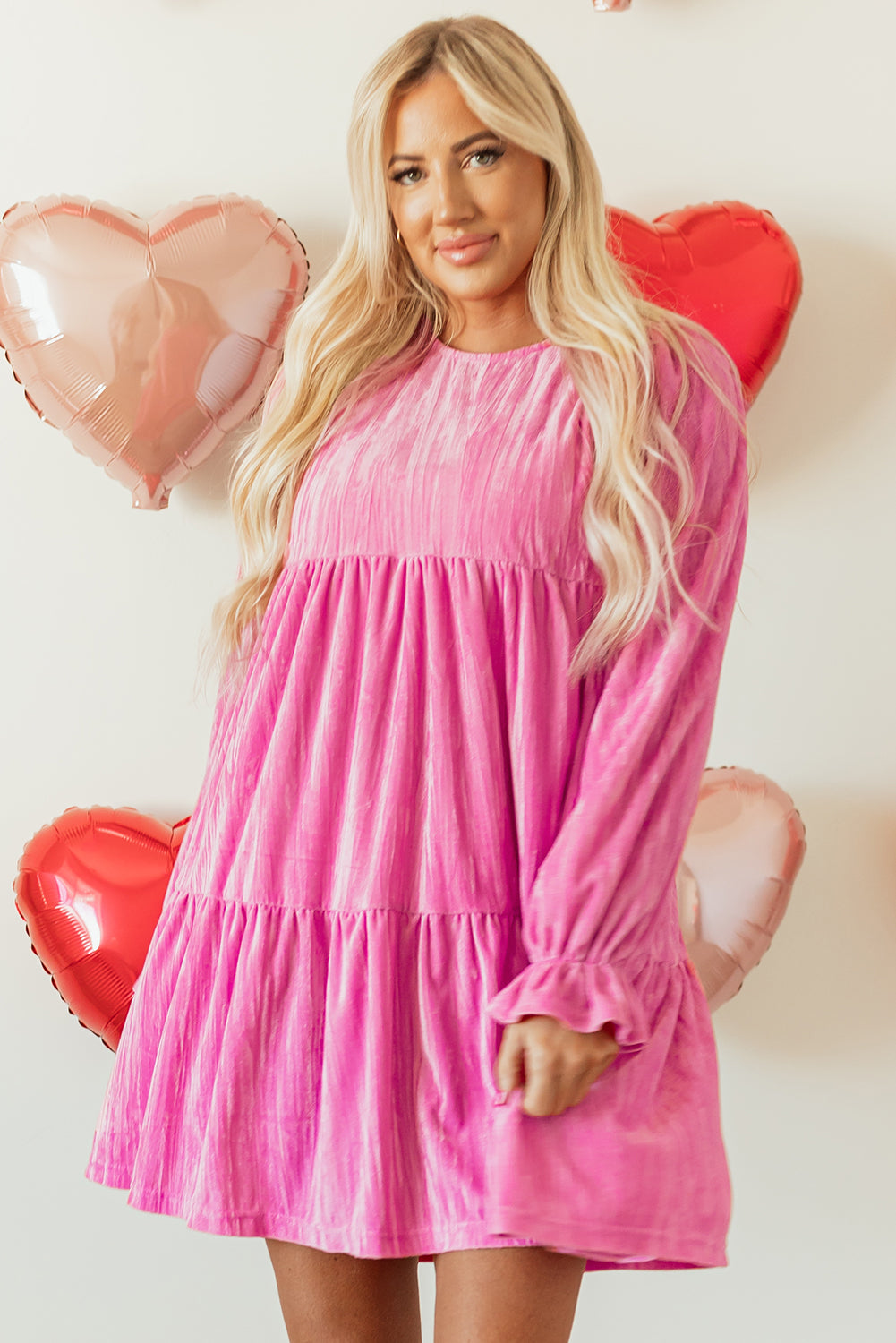 Blue Zone Planet | Strawberry Pink Flounce Sleeve Tiered Ruffled Velvet Mini Dress-TOPS / DRESSES-[Adult]-[Female]-2022 Online Blue Zone Planet