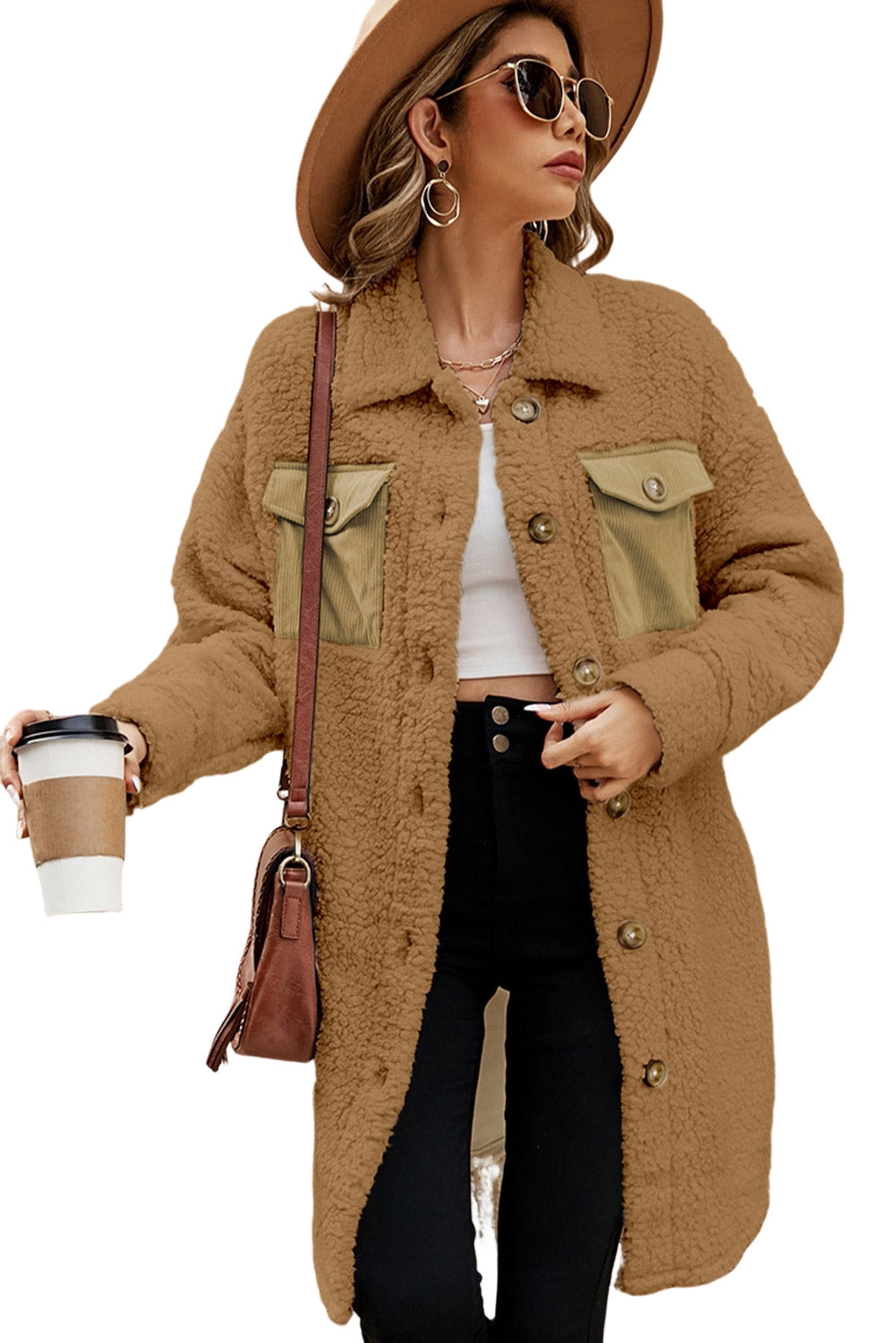 Khaki Contrast Flap Pocket Single Breasted Teddy Coat-Coats-[Adult]-[Female]-2022 Online Blue Zone Planet