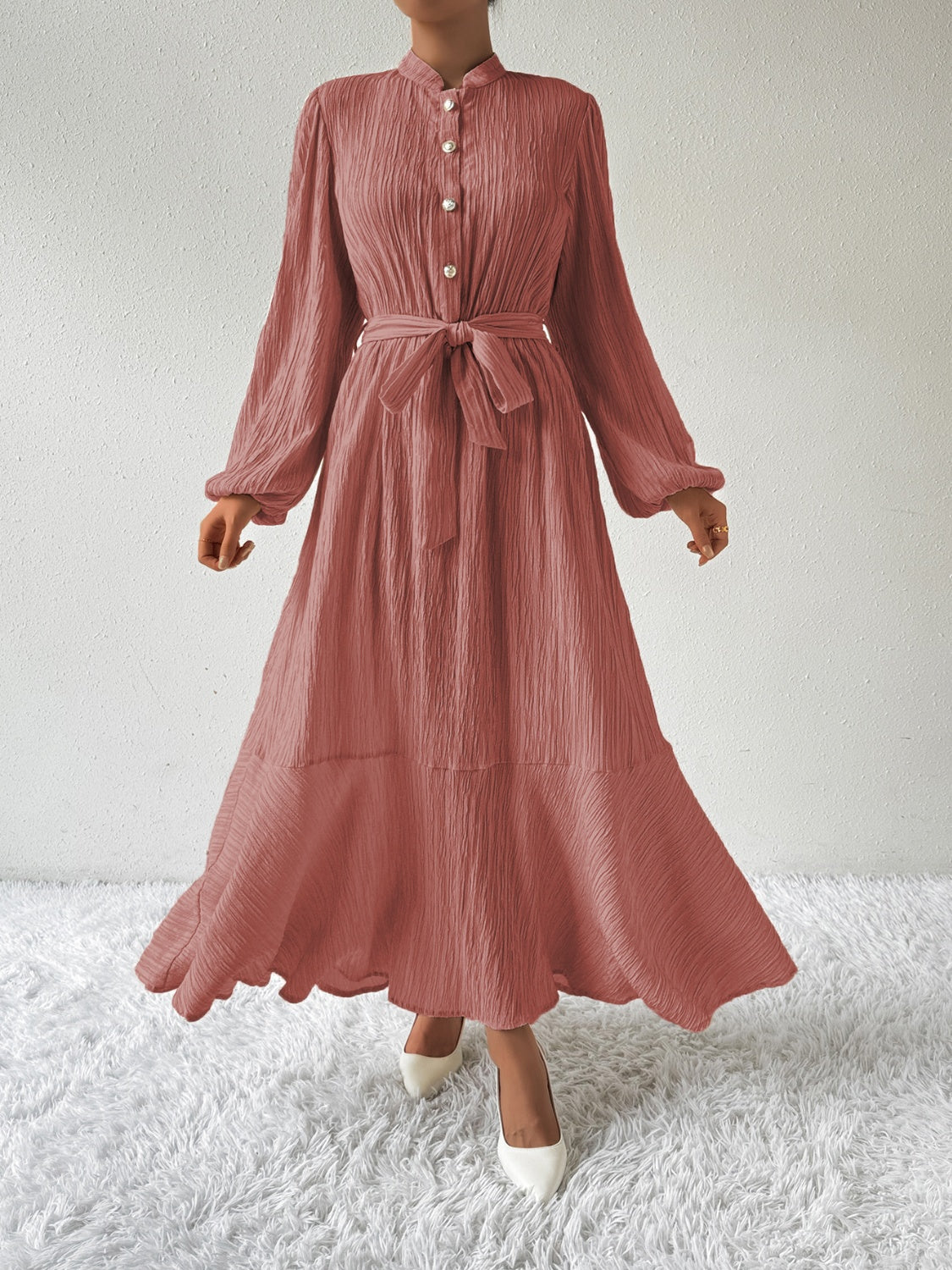 Tie Waist Long Sleeve Dress-TOPS / DRESSES-[Adult]-[Female]-Dusty Pink-S-2022 Online Blue Zone Planet