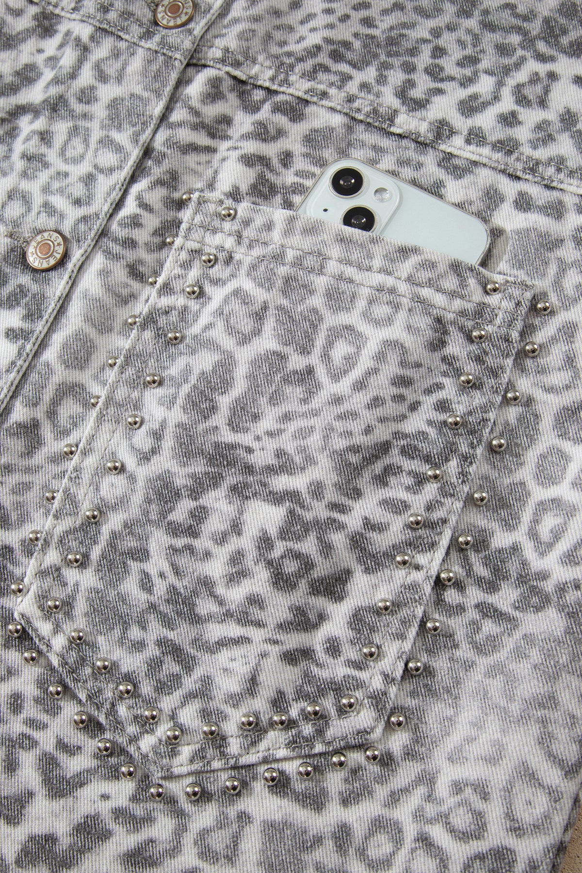 Khaki Leopard Print Studded Collar Studded Patch Pocket Denim Jacket-Outerwear/Denim jackets-[Adult]-[Female]-2022 Online Blue Zone Planet