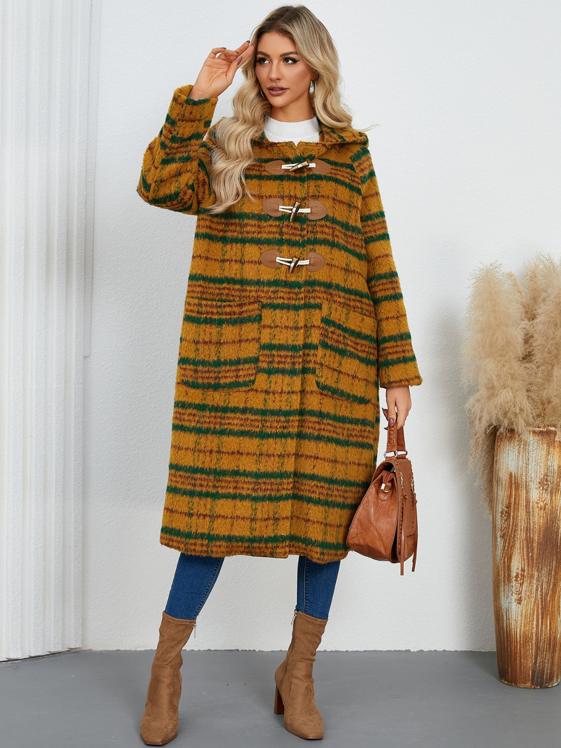 Plaid Long Sleeve Hooded Coat with Pockets-TOPS / DRESSES-[Adult]-[Female]-2022 Online Blue Zone Planet