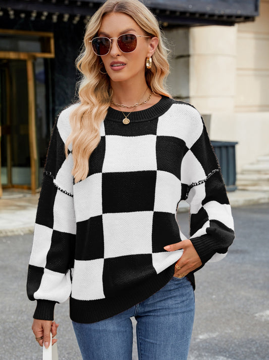 Checkered Round Neck Long Sleeve Sweater-TOPS / DRESSES-[Adult]-[Female]-Black-S-2022 Online Blue Zone Planet