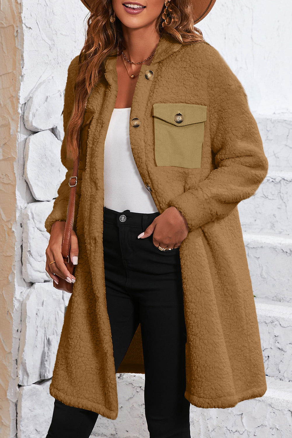 Khaki Contrast Flap Pocket Single Breasted Teddy Coat-Coats-[Adult]-[Female]-2022 Online Blue Zone Planet