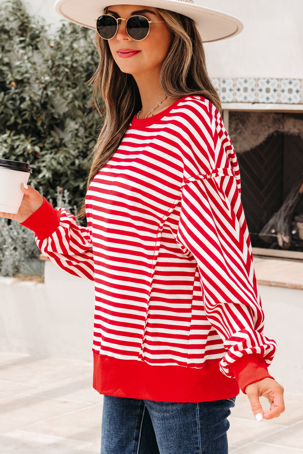 Orange Stripe Exposed Seam Drop Shoulder Casual Pullover Top-Tops/Long Sleeve Tops-[Adult]-[Female]-2022 Online Blue Zone Planet