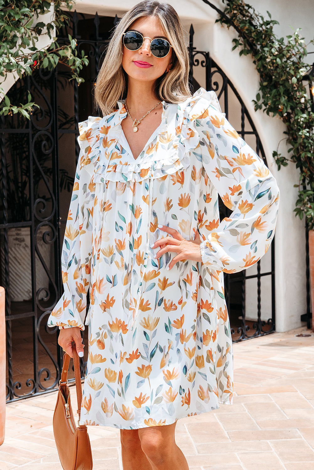Yellow Floral Print Tie Neck Frilled Detail Long Sleeve Mini Dress-TOPS / DRESSES-[Adult]-[Female]-2022 Online Blue Zone Planet