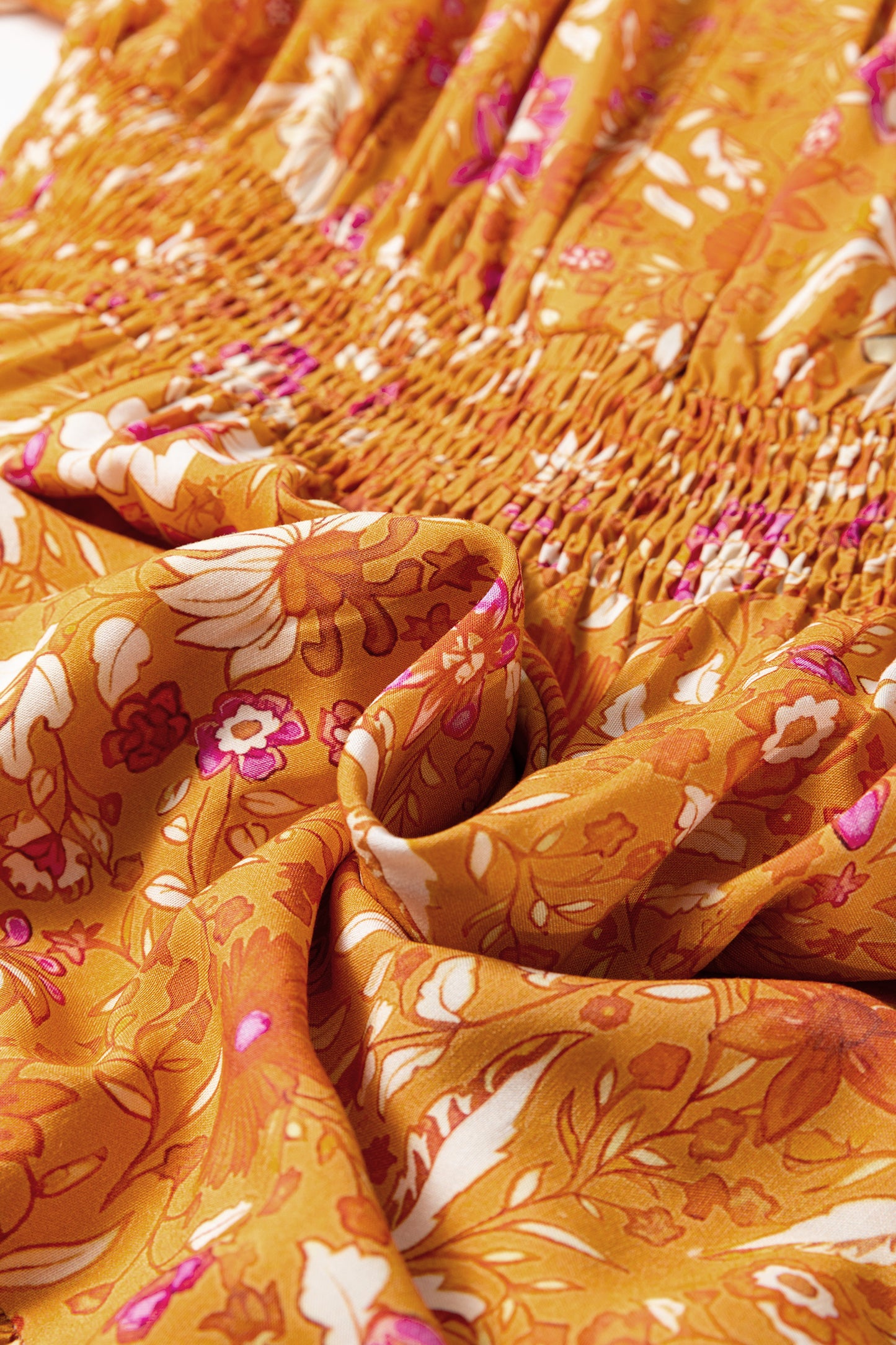 Orange Floral Print Smocked Waist Long Sleeve Boho Maxi Dress-TOPS / DRESSES-[Adult]-[Female]-2022 Online Blue Zone Planet