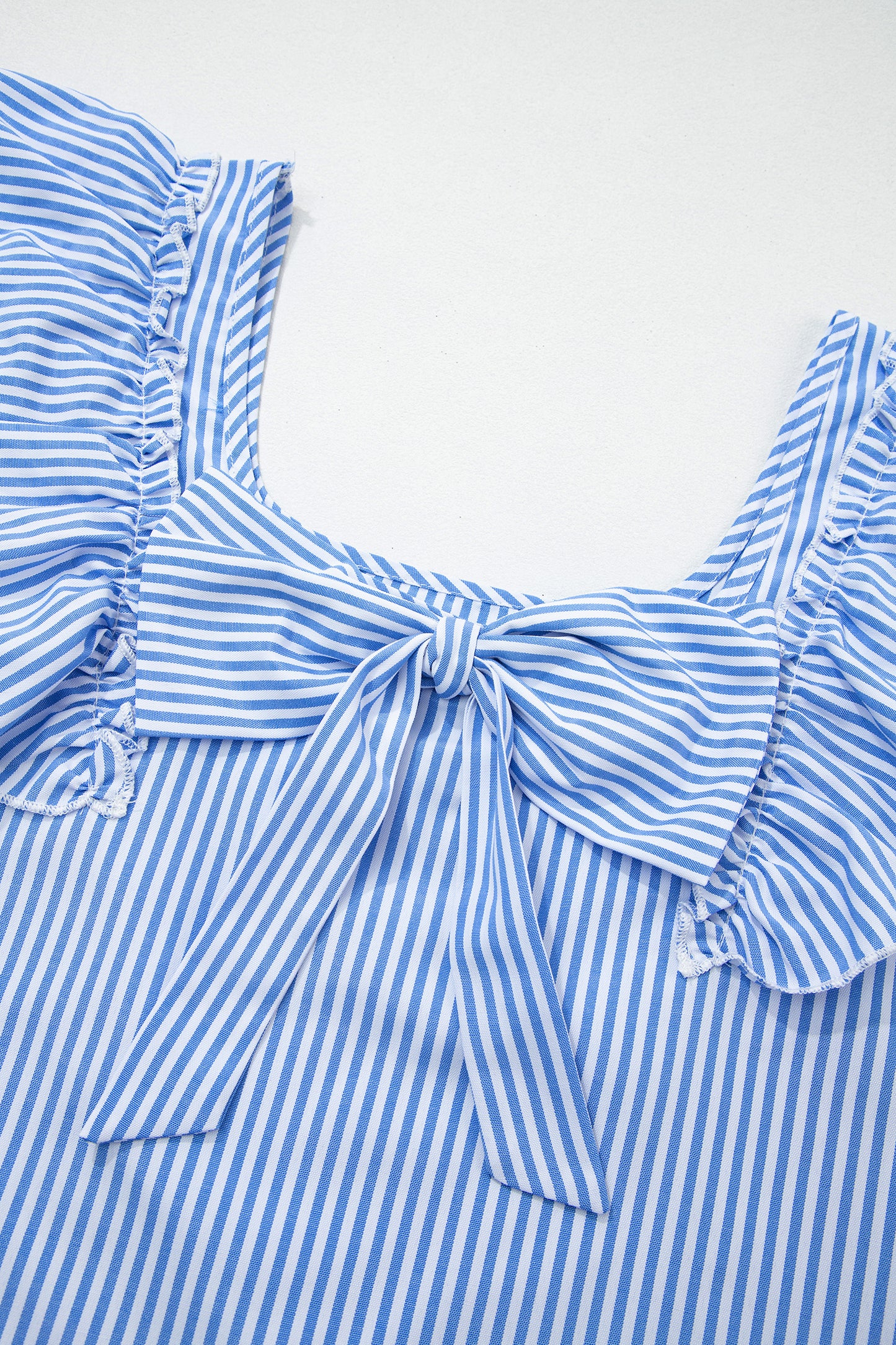 Sky Blue Stripe Square Neck Bow Decor Frilly Ruffled Short Sleeve Blouse-Tops/Blouses & Shirts-[Adult]-[Female]-2022 Online Blue Zone Planet