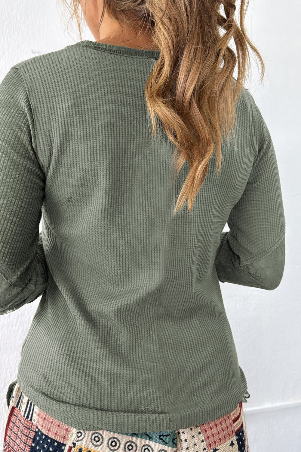 Sage Green Solid Color Waffle Ribbed Lace Patchwork Long Sleeve Top