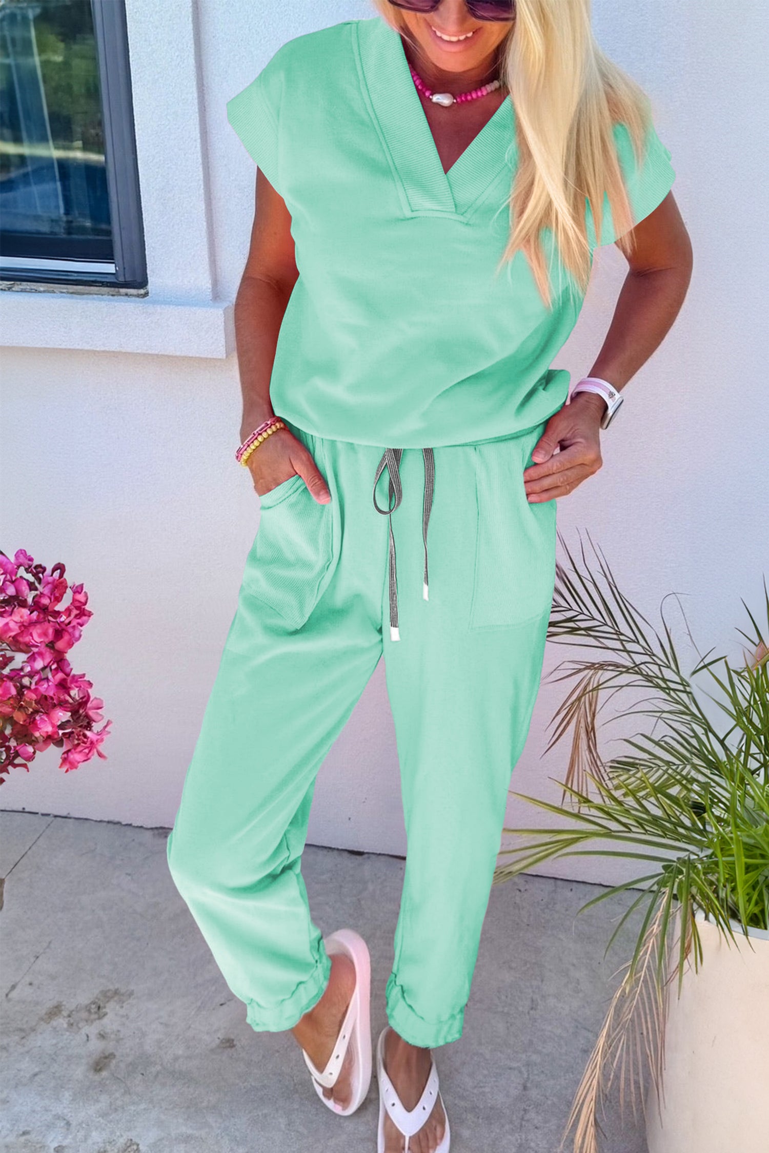 Mint Green Solid Color V Neck Tee Drawstring Pant Set-Two Piece Sets/Pant Sets-[Adult]-[Female]-2022 Online Blue Zone Planet