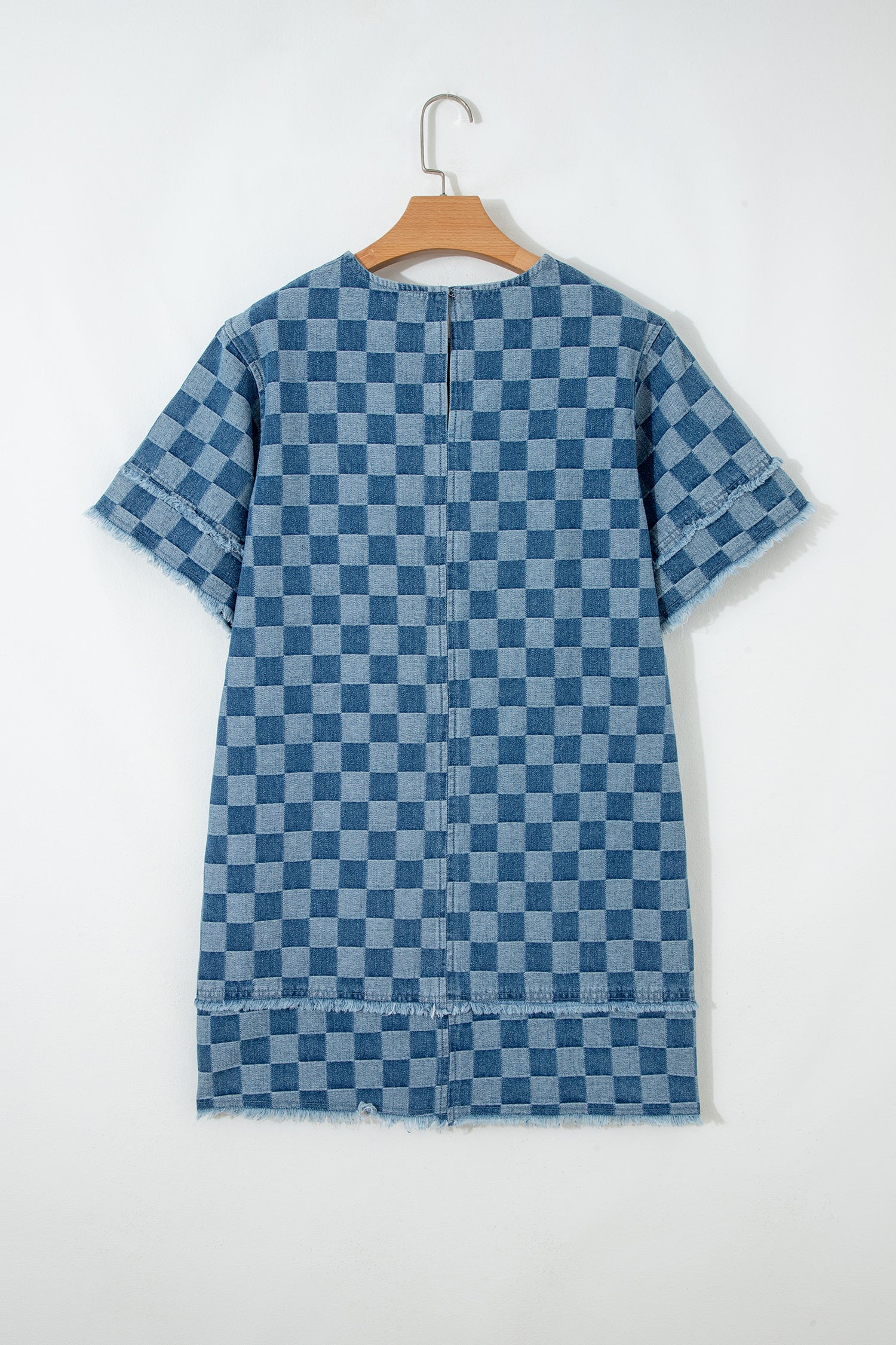 Sky Blue Frayed Hem Checkered Denim Mini Dress-TOPS / DRESSES-[Adult]-[Female]-2022 Online Blue Zone Planet
