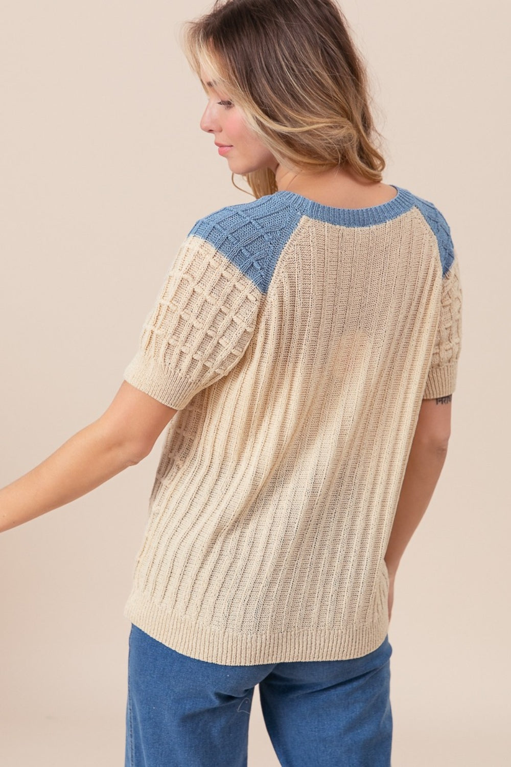 BiBi Textured Contrast Short Sleeve Sweater-TOPS / DRESSES-[Adult]-[Female]-2022 Online Blue Zone Planet