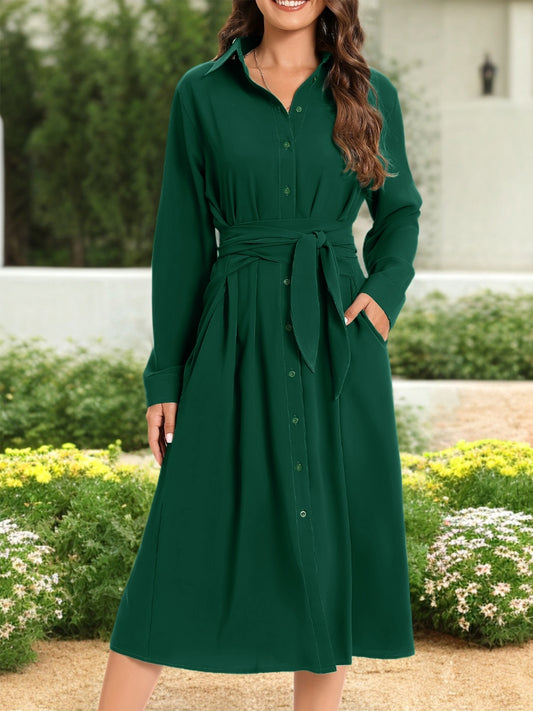 Tie Waist Long Sleeve Dress-TOPS / DRESSES-[Adult]-[Female]-Dark Green-S-2022 Online Blue Zone Planet