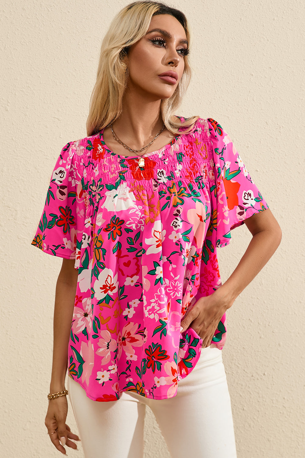 Pink Floral Short Sleeve Smocked Blouse-Tops/Blouses & Shirts-[Adult]-[Female]-2022 Online Blue Zone Planet