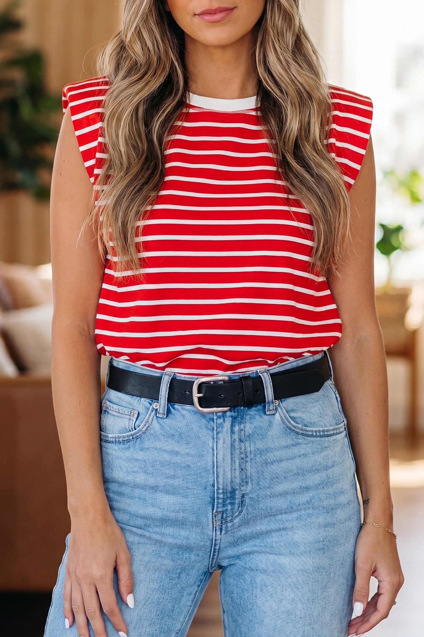 Red Stripe Ribbed Round Neck Trim Loose Tank Top-Tops/Tank Tops-[Adult]-[Female]-2022 Online Blue Zone Planet
