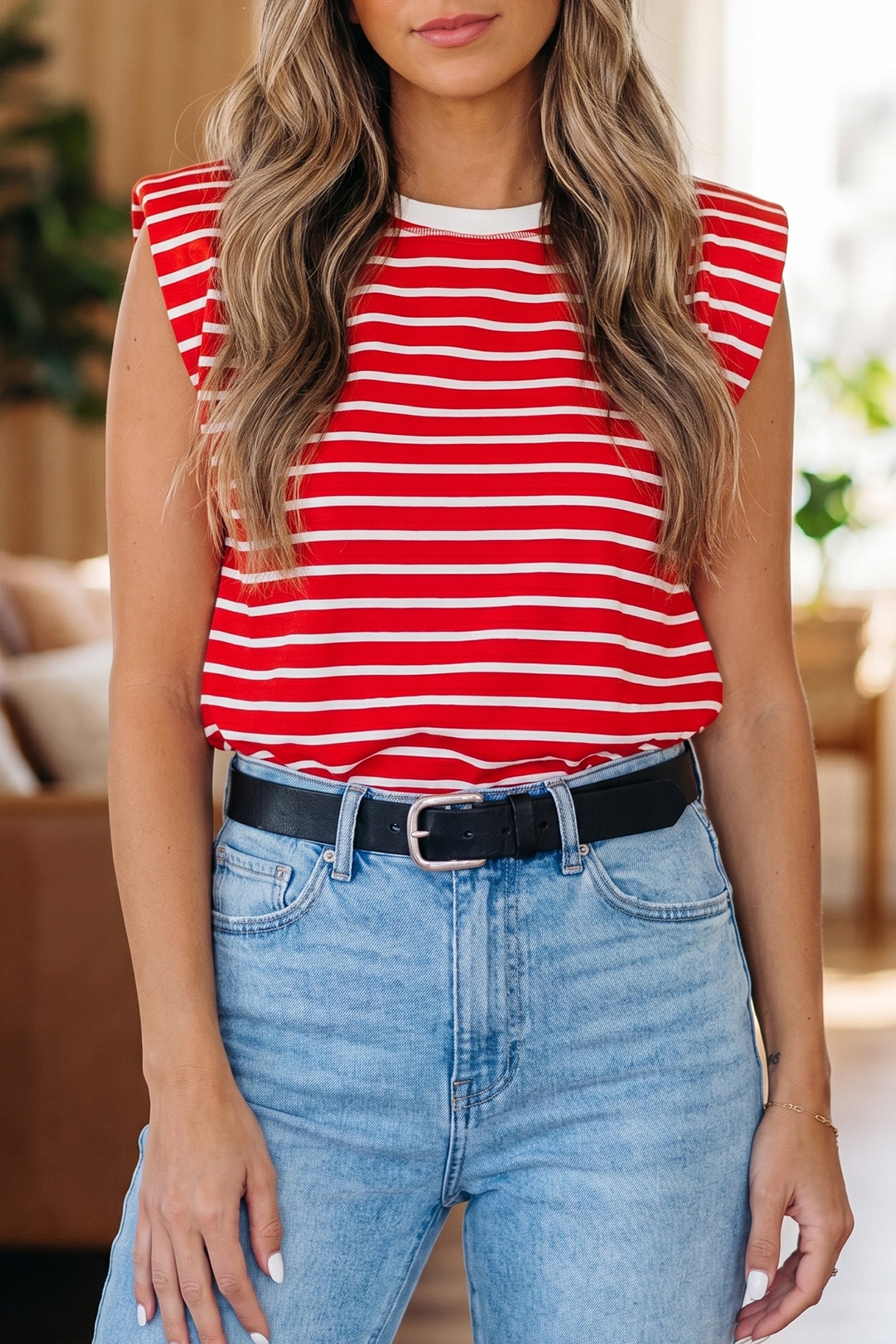 Red Stripe Ribbed Round Neck Trim Loose Tank Top-Tops/Tank Tops-[Adult]-[Female]-2022 Online Blue Zone Planet