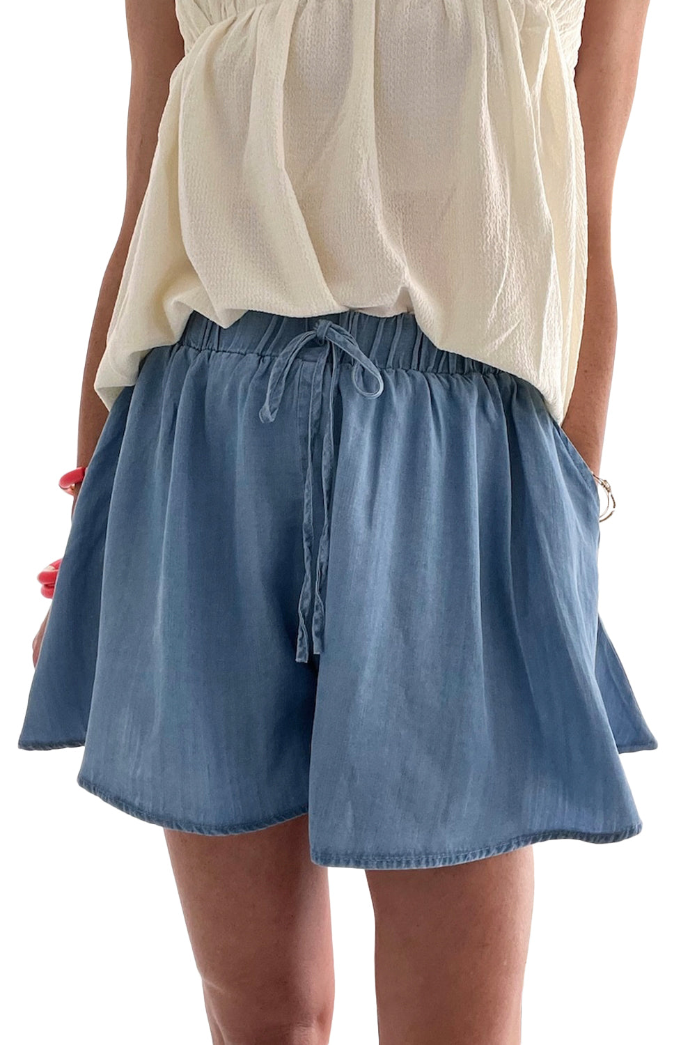 Dusk Blue Drawstring Elastic Waist Wide Leg Denim Shorts-Shorts-[Adult]-[Female]-2022 Online Blue Zone Planet