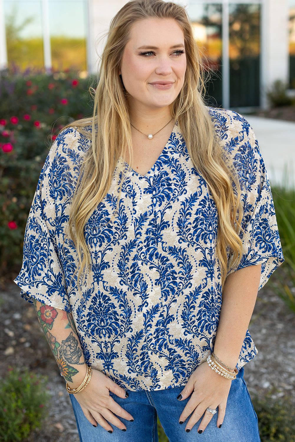 Blue Zone Planet | Blue Plus Size Ethnic Printed 3/4 Sleeve V Neck Loose Blouse-Plus Size/Plus Size Tops/Plus Size Blouses & Shirts-[Adult]-[Female]-2022 Online Blue Zone Planet