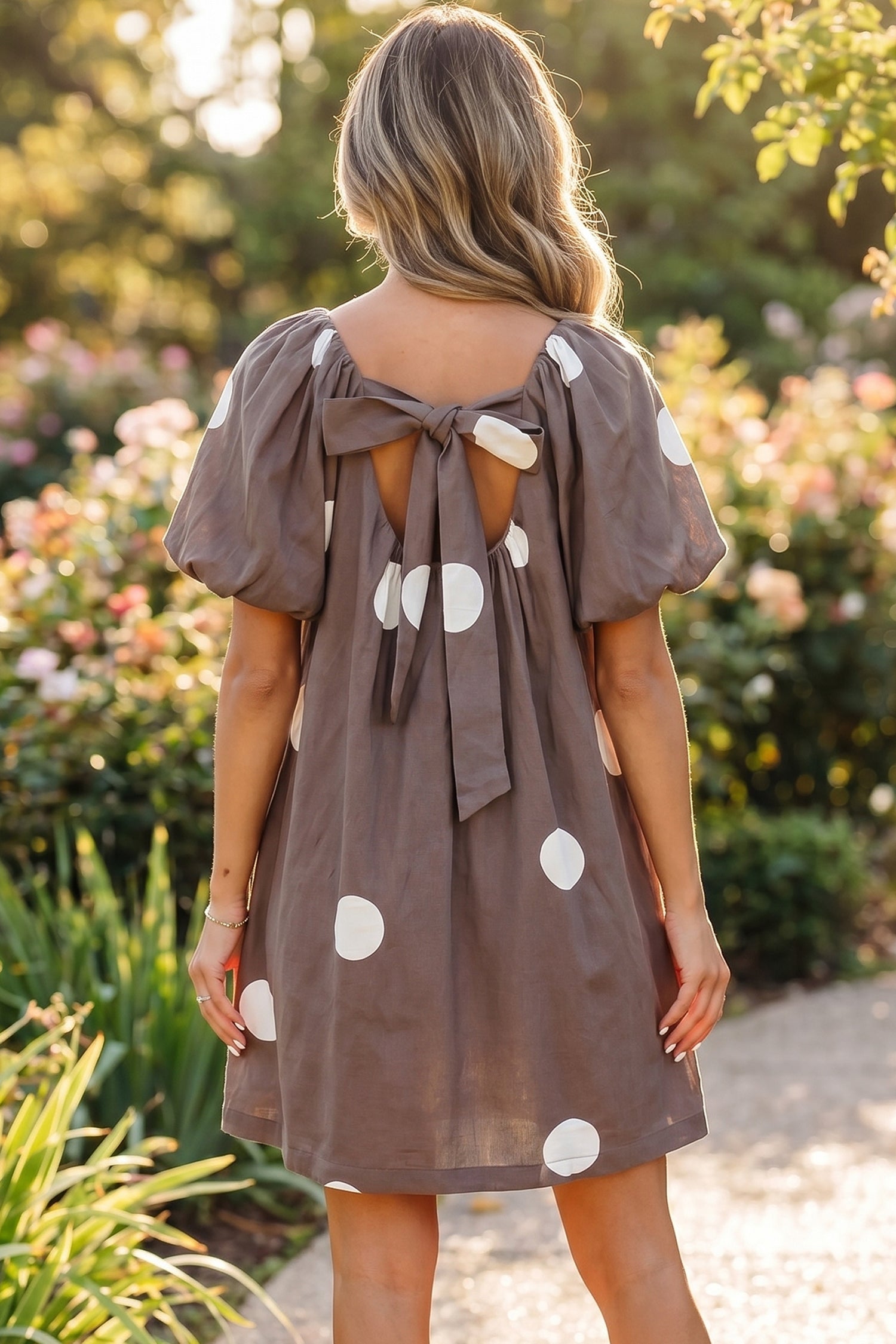 Brown Polka Dot Print Knot Back Short Puff Sleeve Loose Mini Dress-TOPS / DRESSES-[Adult]-[Female]-2022 Online Blue Zone Planet