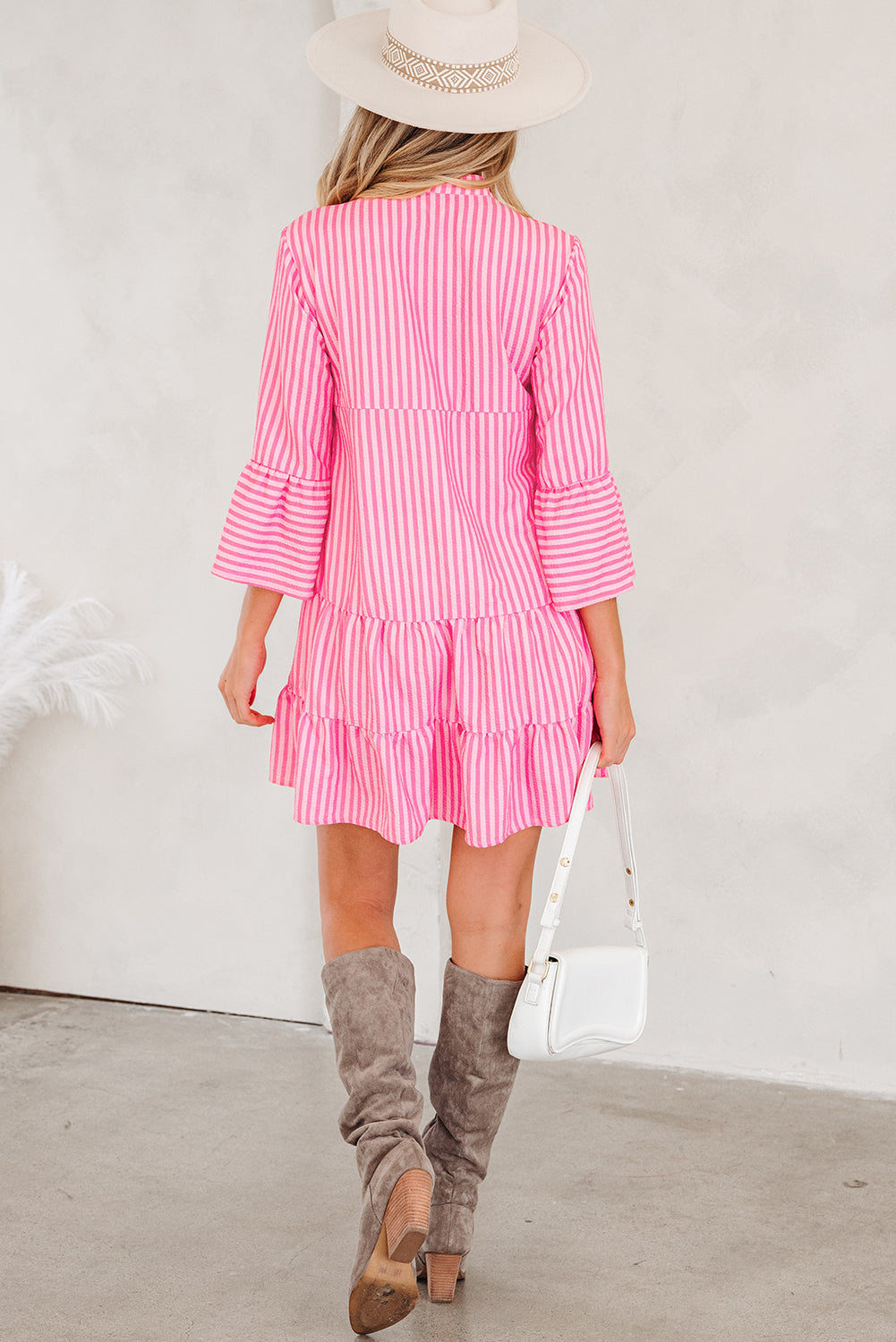 Pink Stripe Flare Sleeve Half Placket Tiered Flowy Mini Dress-TOPS / DRESSES-[Adult]-[Female]-2022 Online Blue Zone Planet